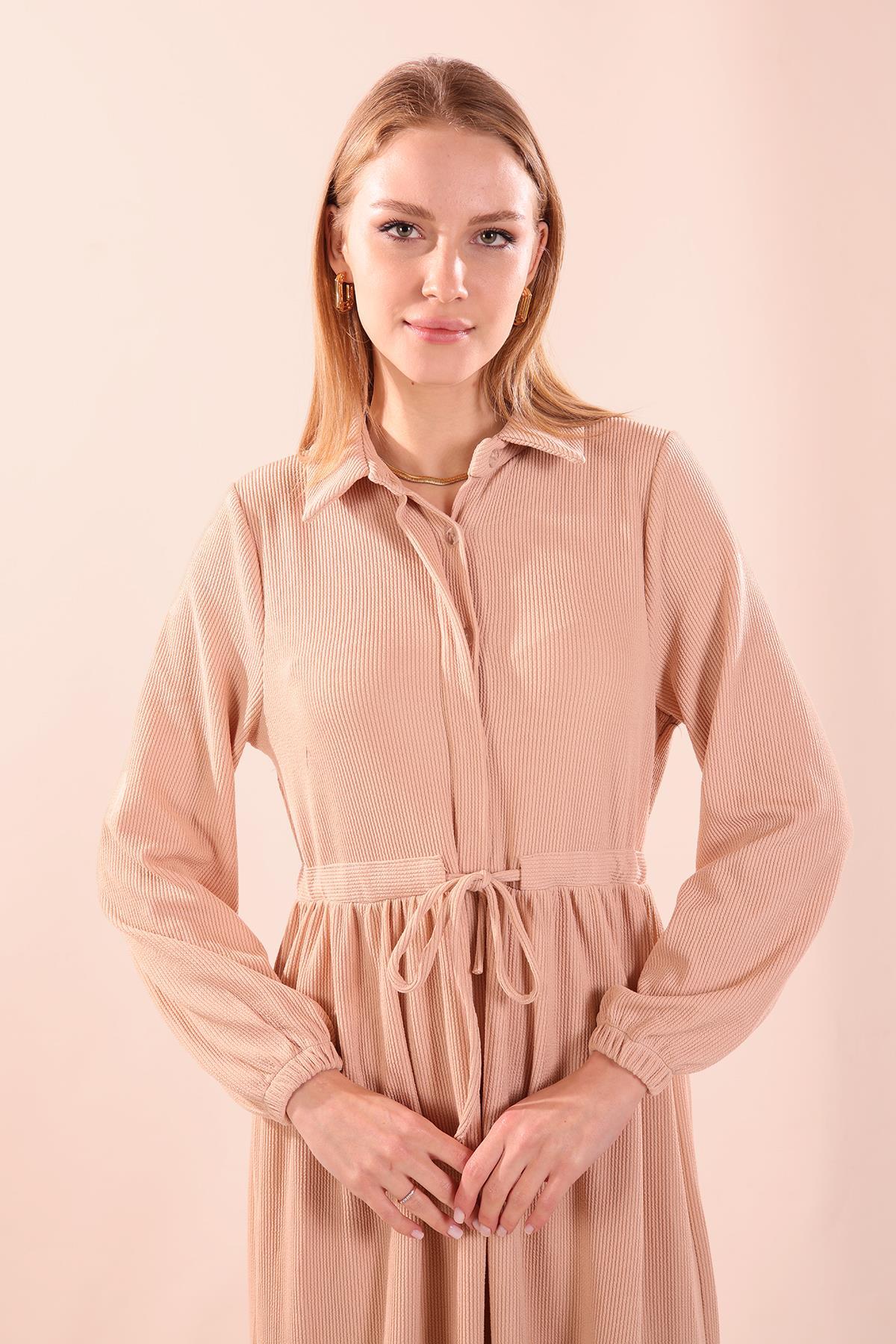 Taş Bel Bağlamalı Düğmeli Elbise 5464 - 4