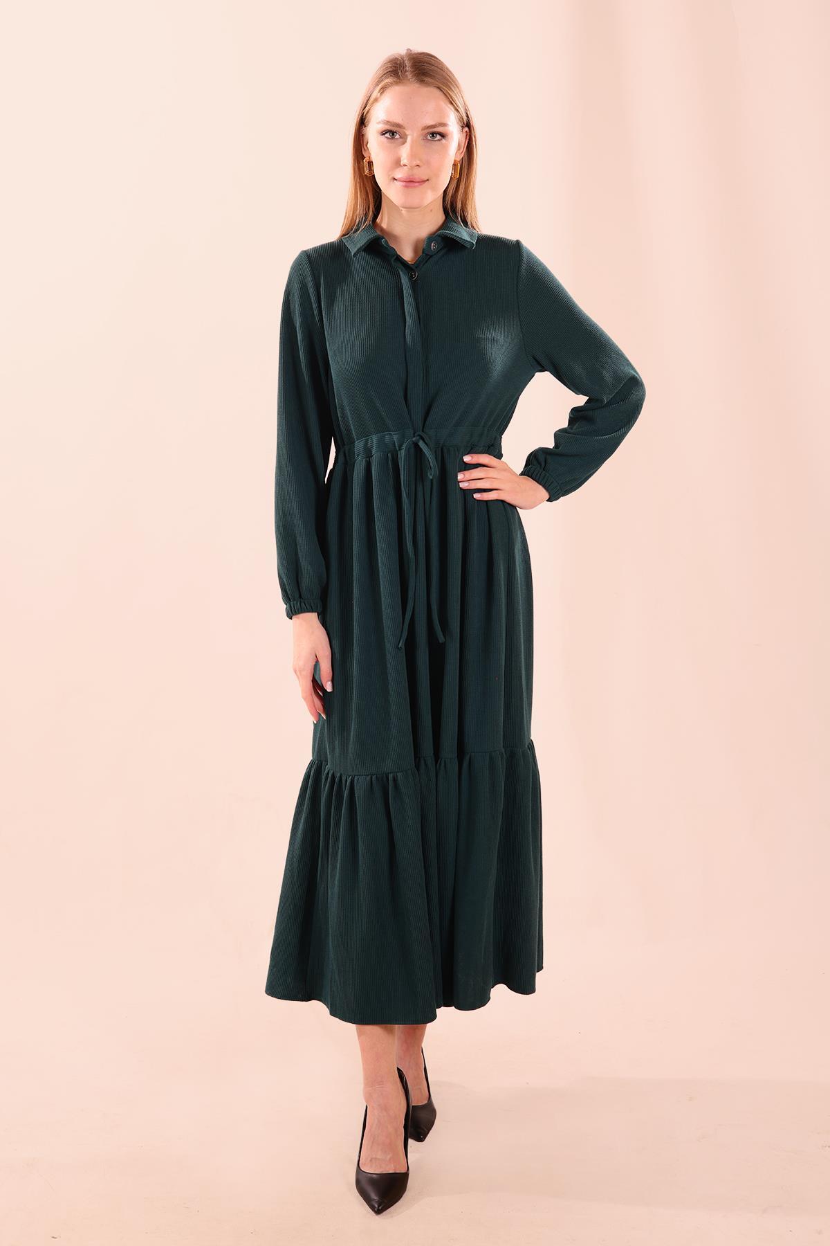 5464 Bel Bağlamalı Düğmeli Elbise Zümrüt - 2