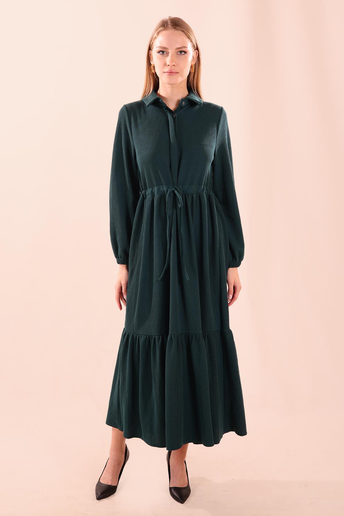 Zümrüt Bel Bağlamalı Düğmeli Elbise 5464 - 1