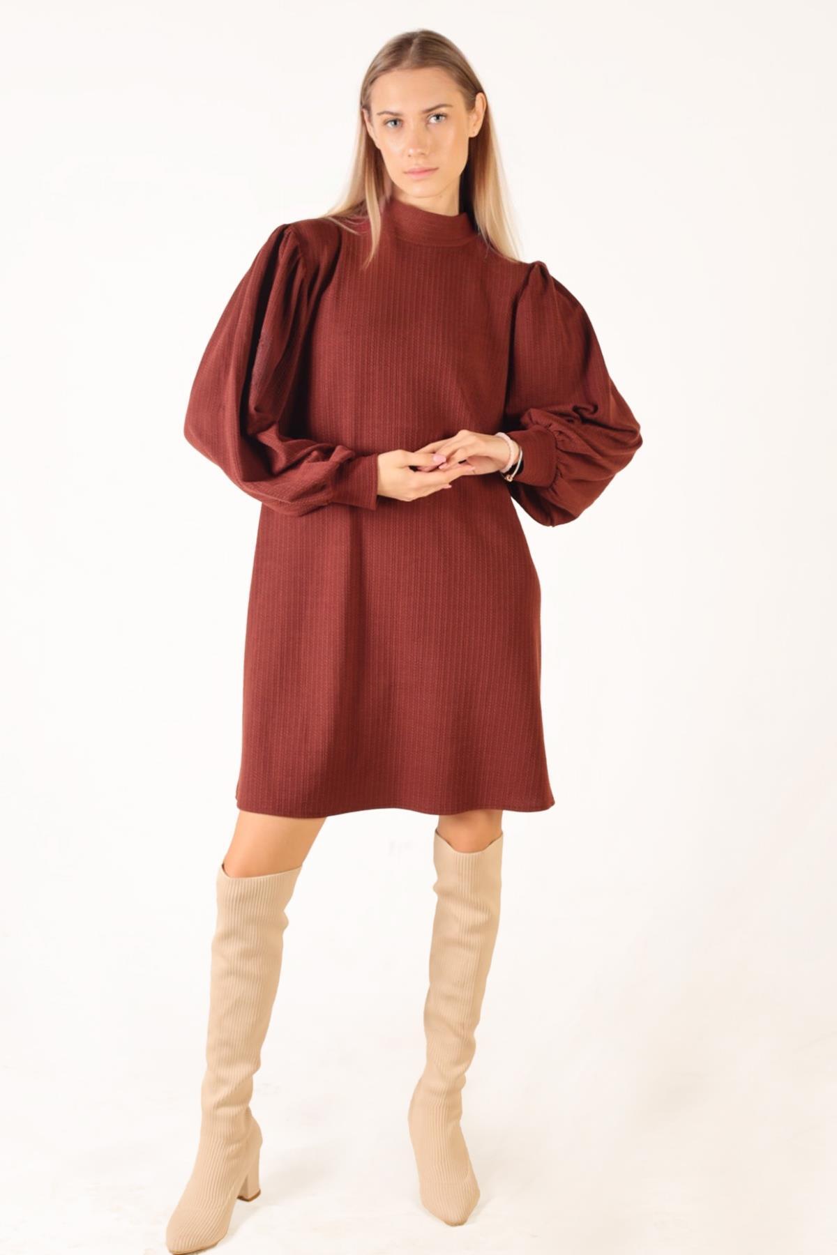 Kahve Kol Büzgü Detay Kemerli Tunik 5468 - 2