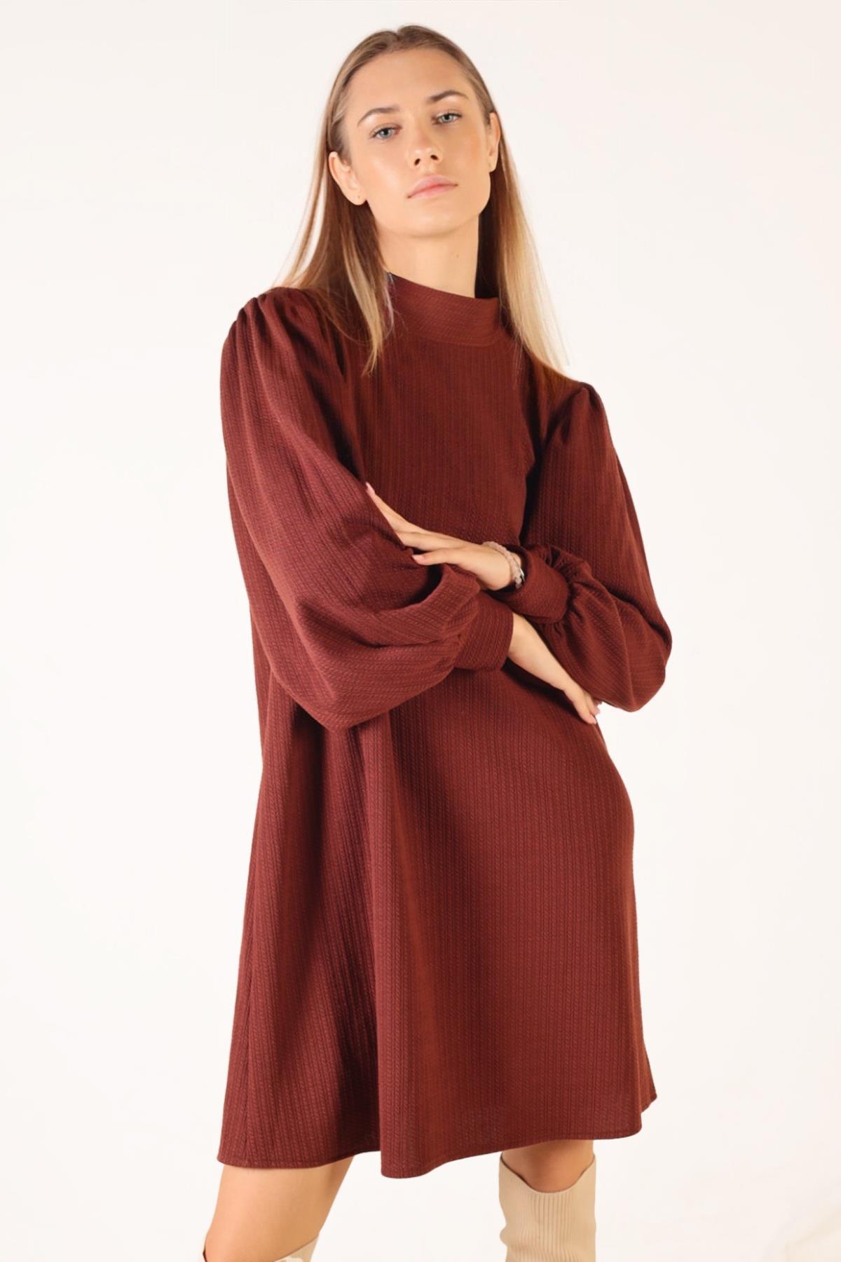 Kahve Kol Büzgü Detay Kemerli Tunik 5468 - 5