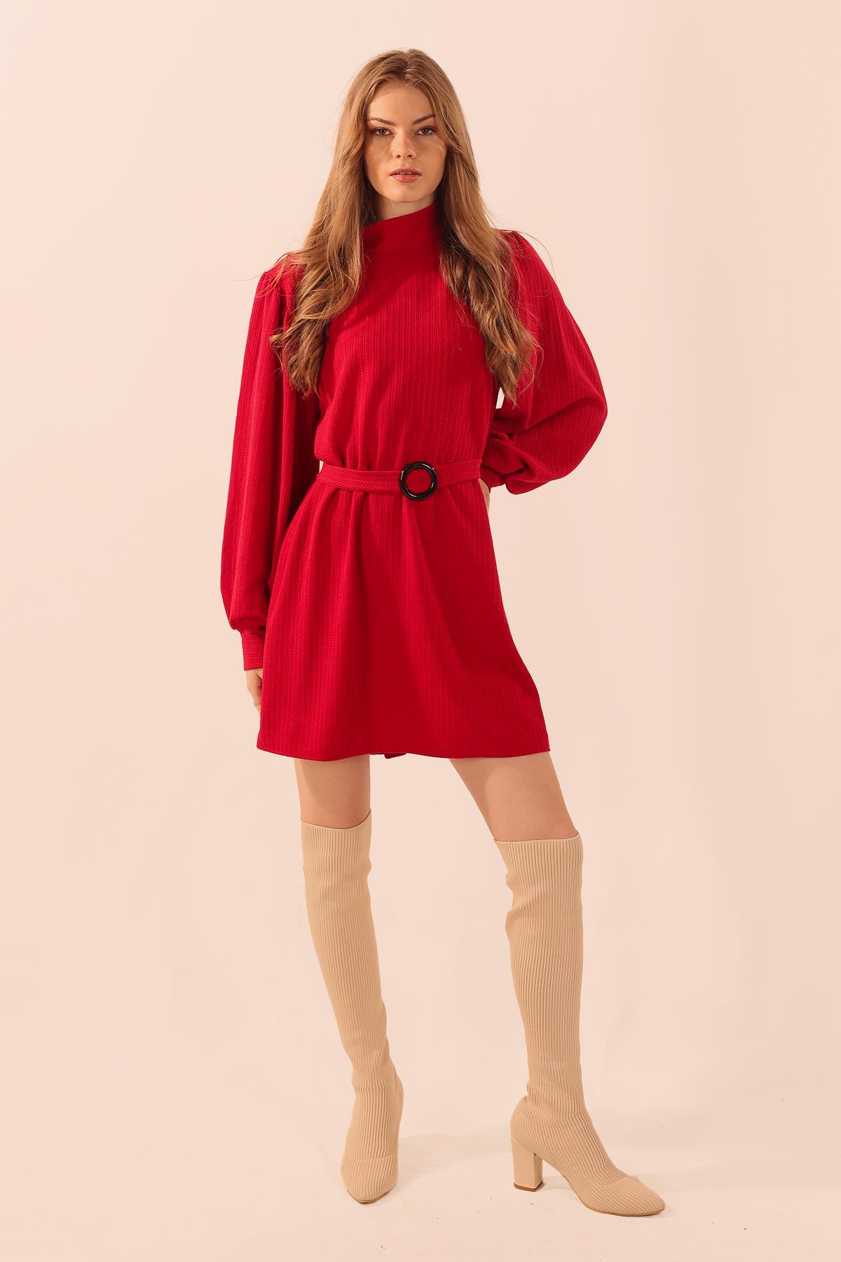 5468 Kol Büzgü Detay Kemerli Tunik Kırmızı - 2