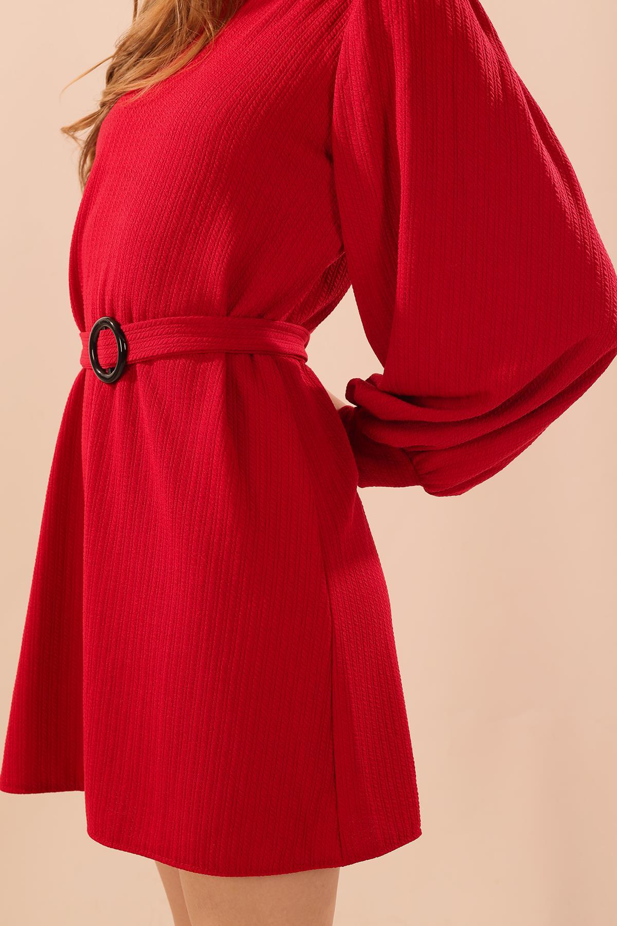 5468 Kol Büzgü Detay Kemerli Tunik Kırmızı - 8