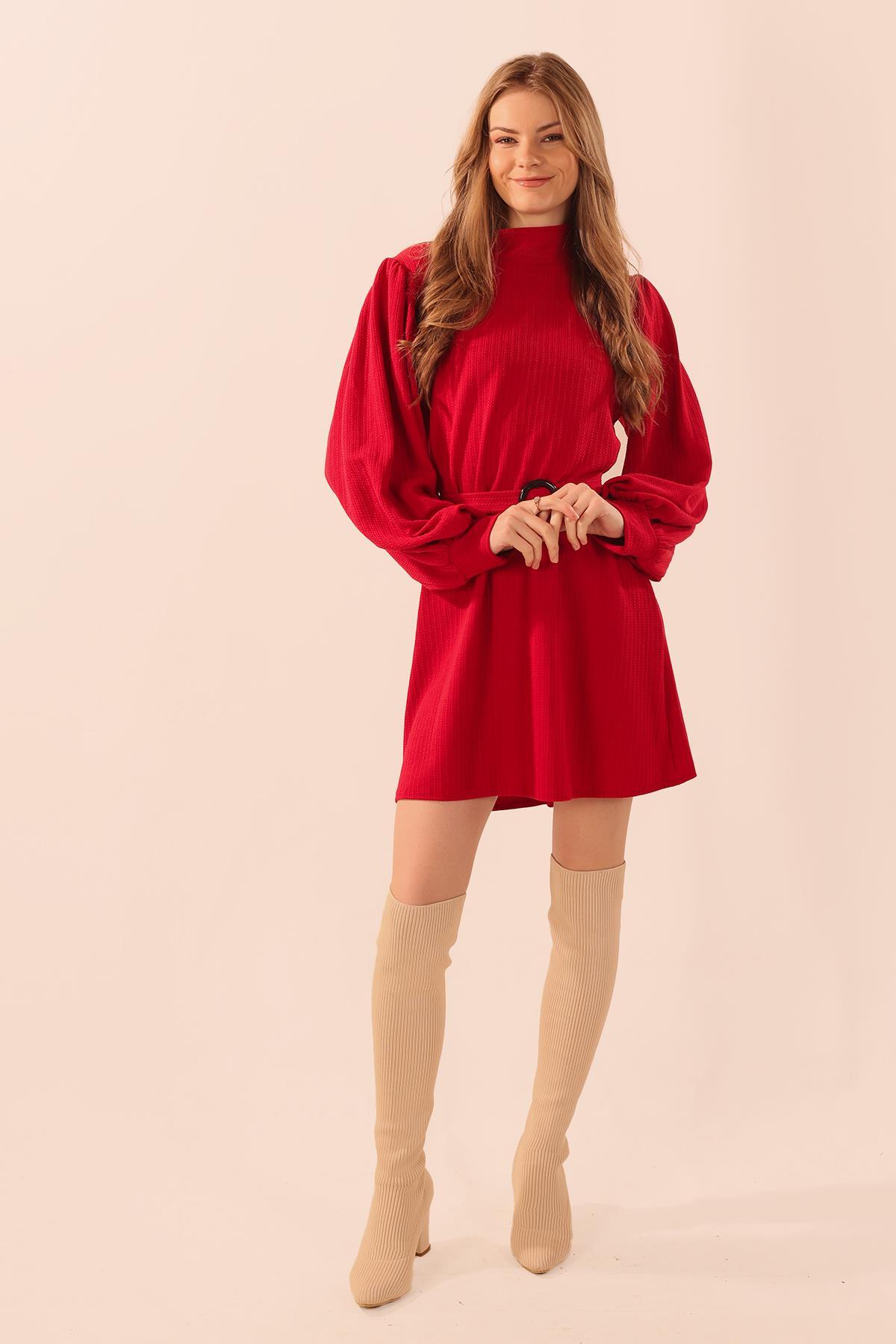 5468 Kol Büzgü Detay Kemerli Tunik Kırmızı - 3