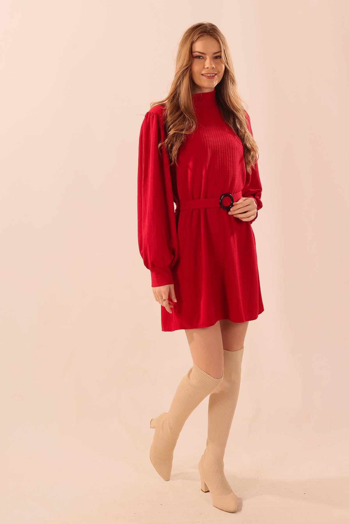 5468 Kol Büzgü Detay Kemerli Tunik Kırmızı - 4