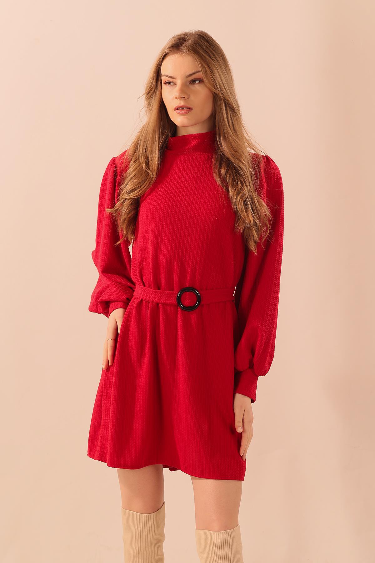 Kırmızı Kol Büzgü Detay Kemerli Tunik 5468 - 1