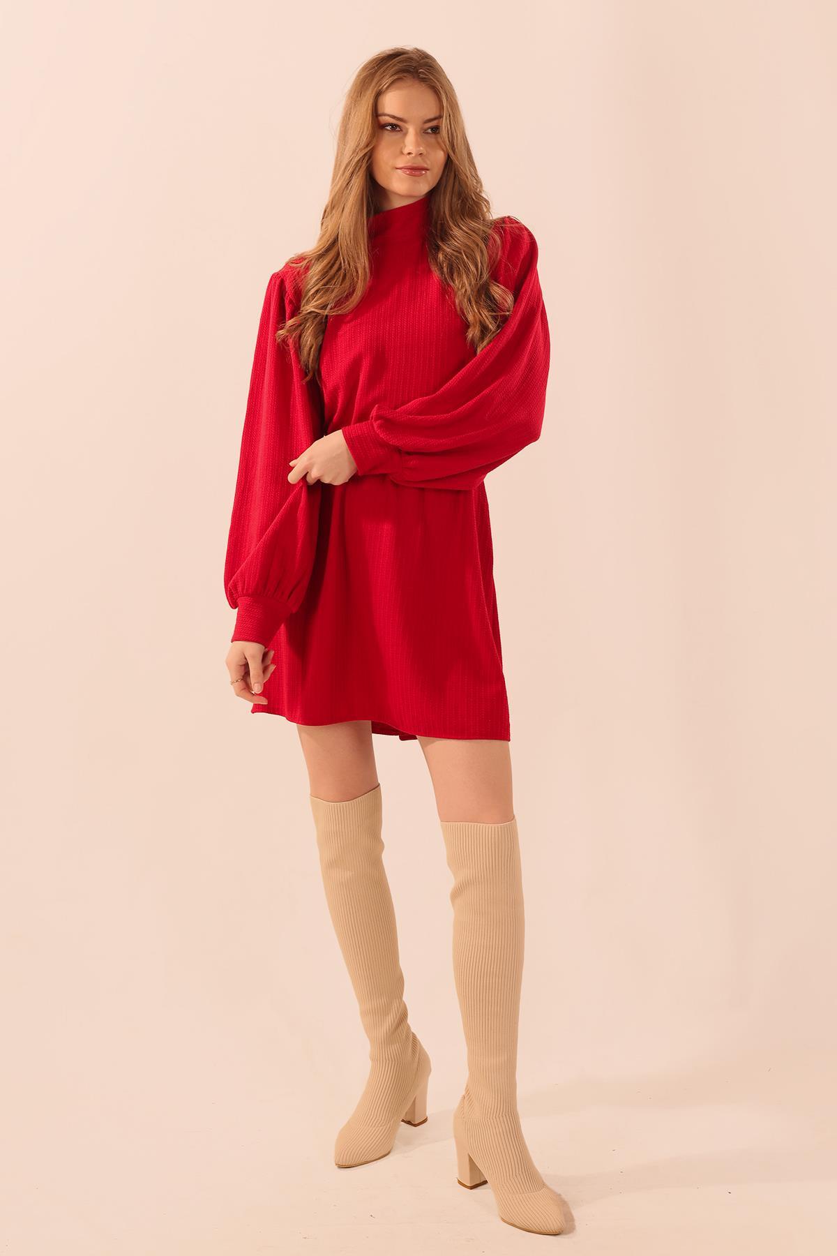 Kırmızı Kol Büzgü Detay Kemerli Tunik 5468 - 5