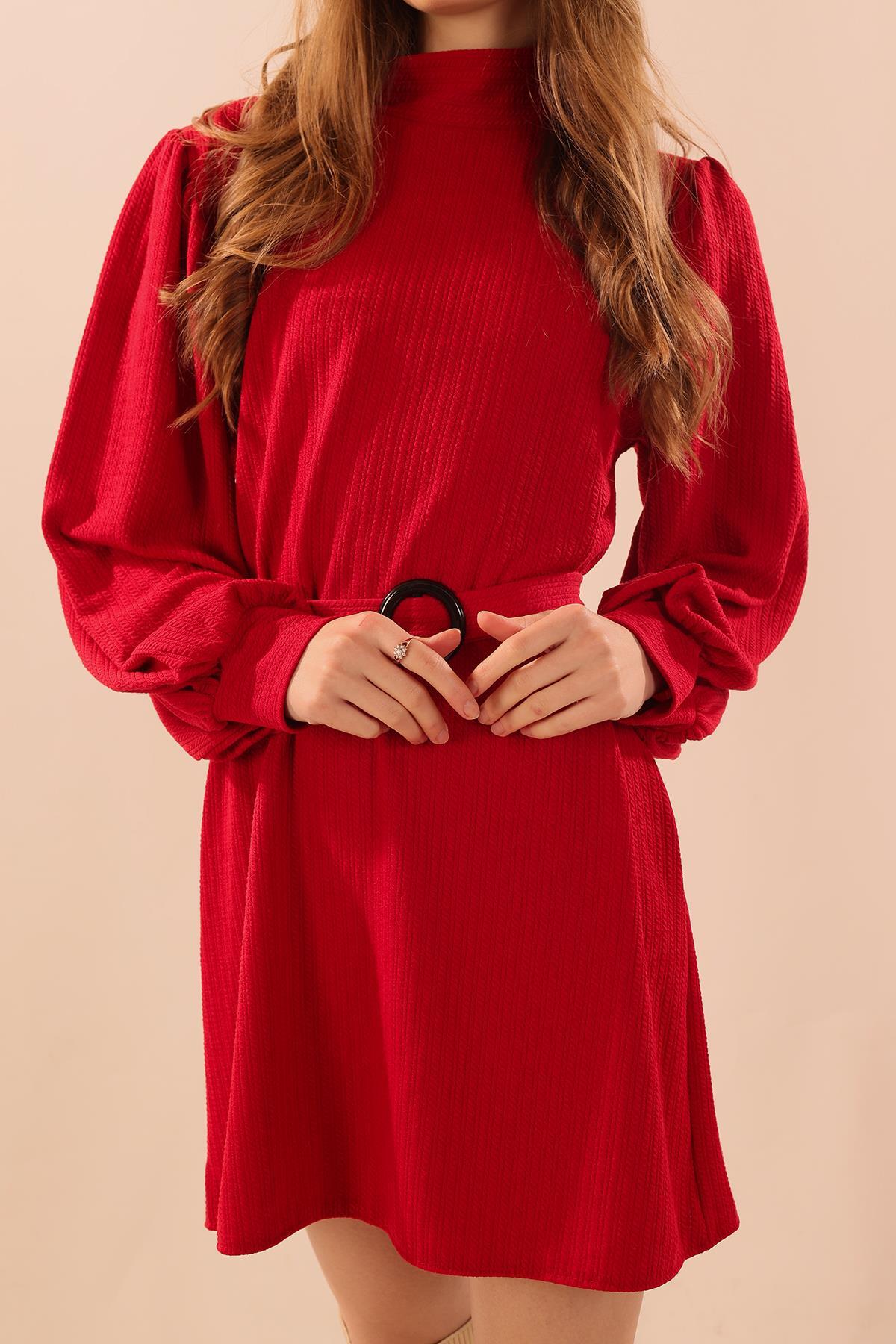 Kırmızı Kol Büzgü Detay Kemerli Tunik 5468 - 6