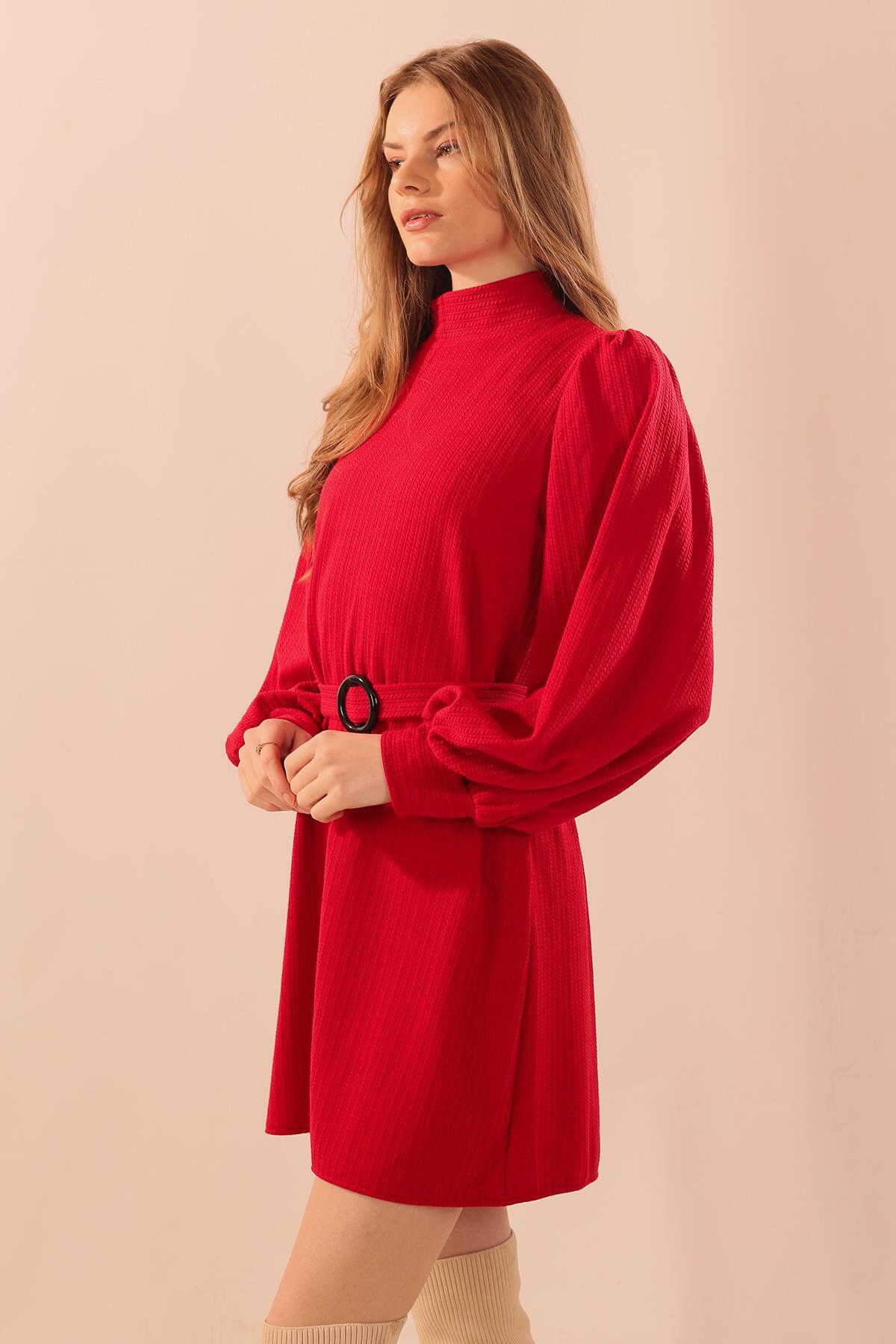 Kırmızı Kol Büzgü Detay Kemerli Tunik 5468 - 7
