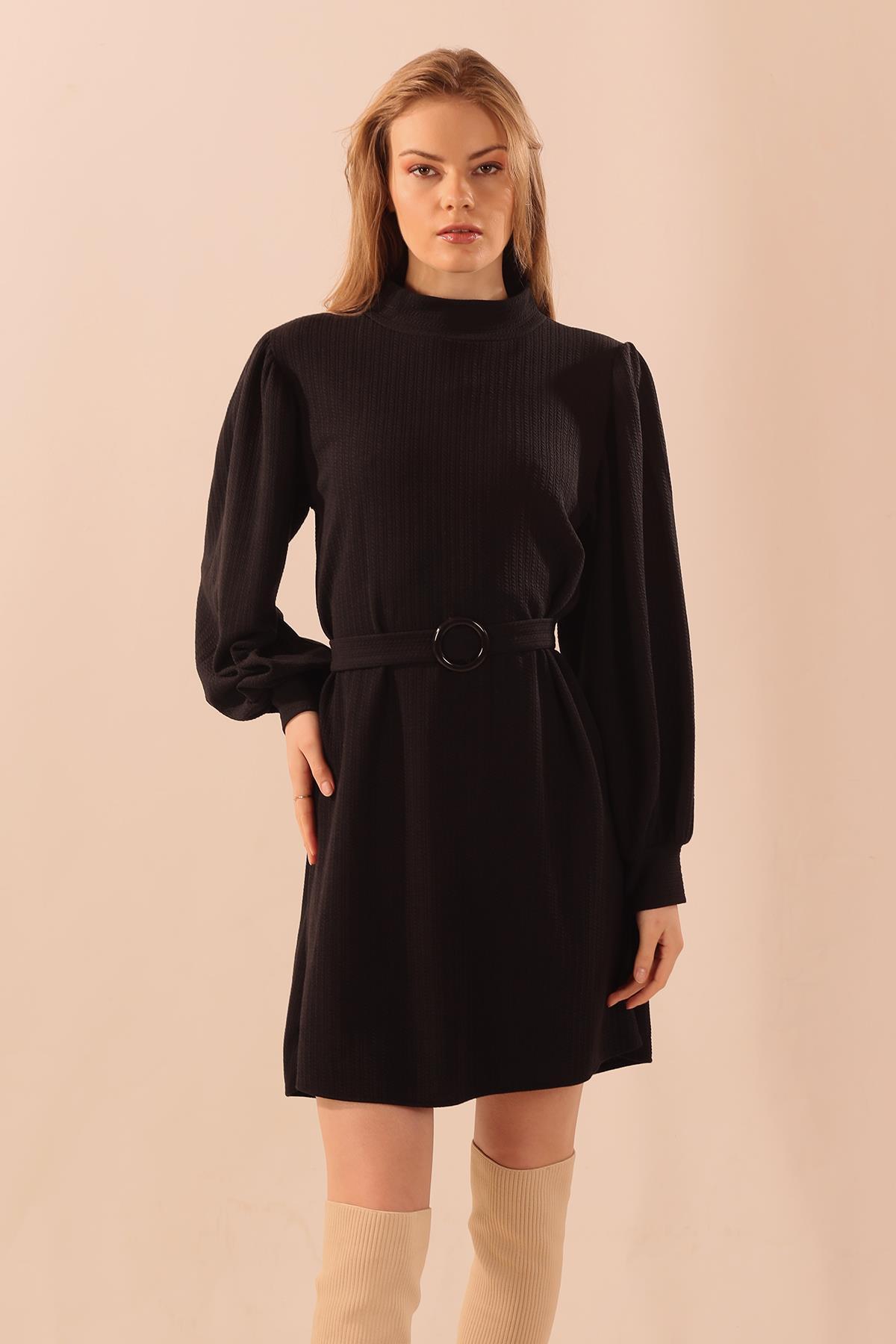 5468 Kol Büzgü Detay Kemerli Tunik Siyah - 2