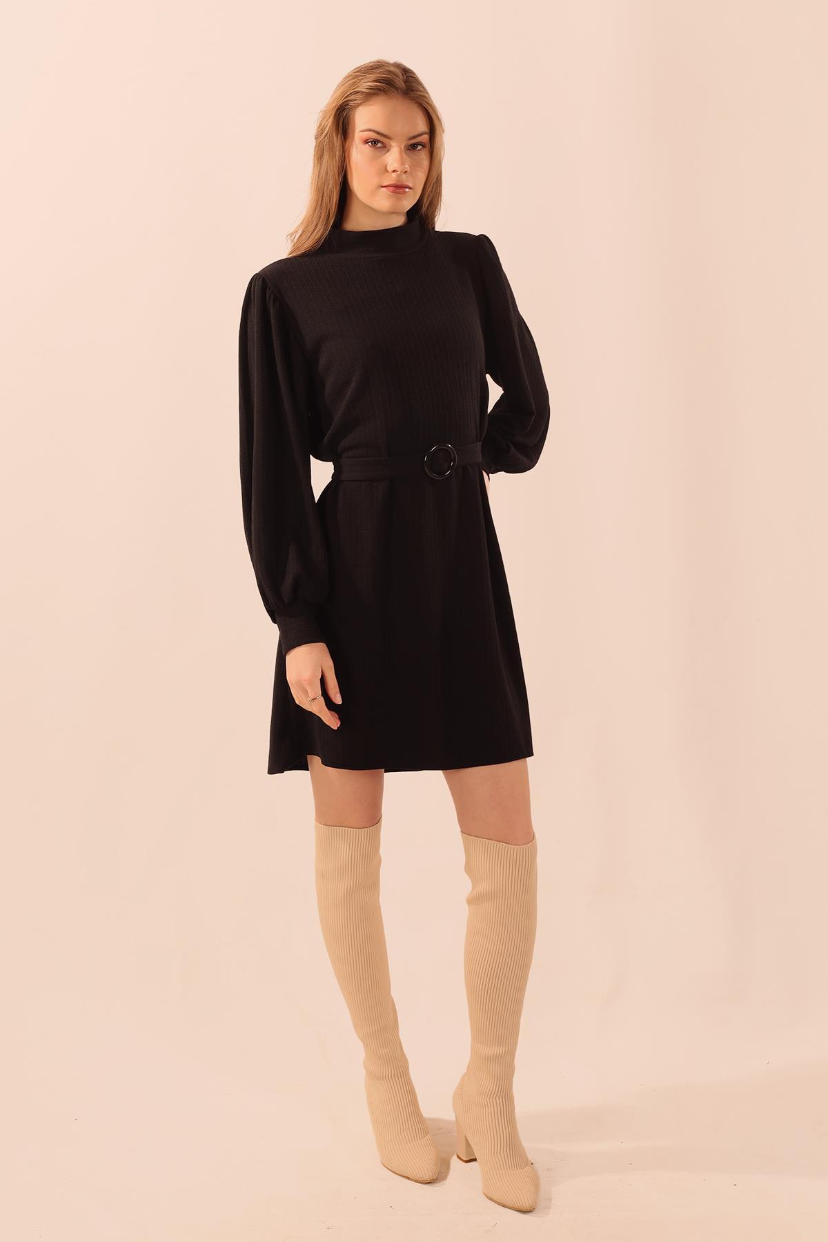 Siyah Kol Büzgü Detay Kemerli Tunik 5468 