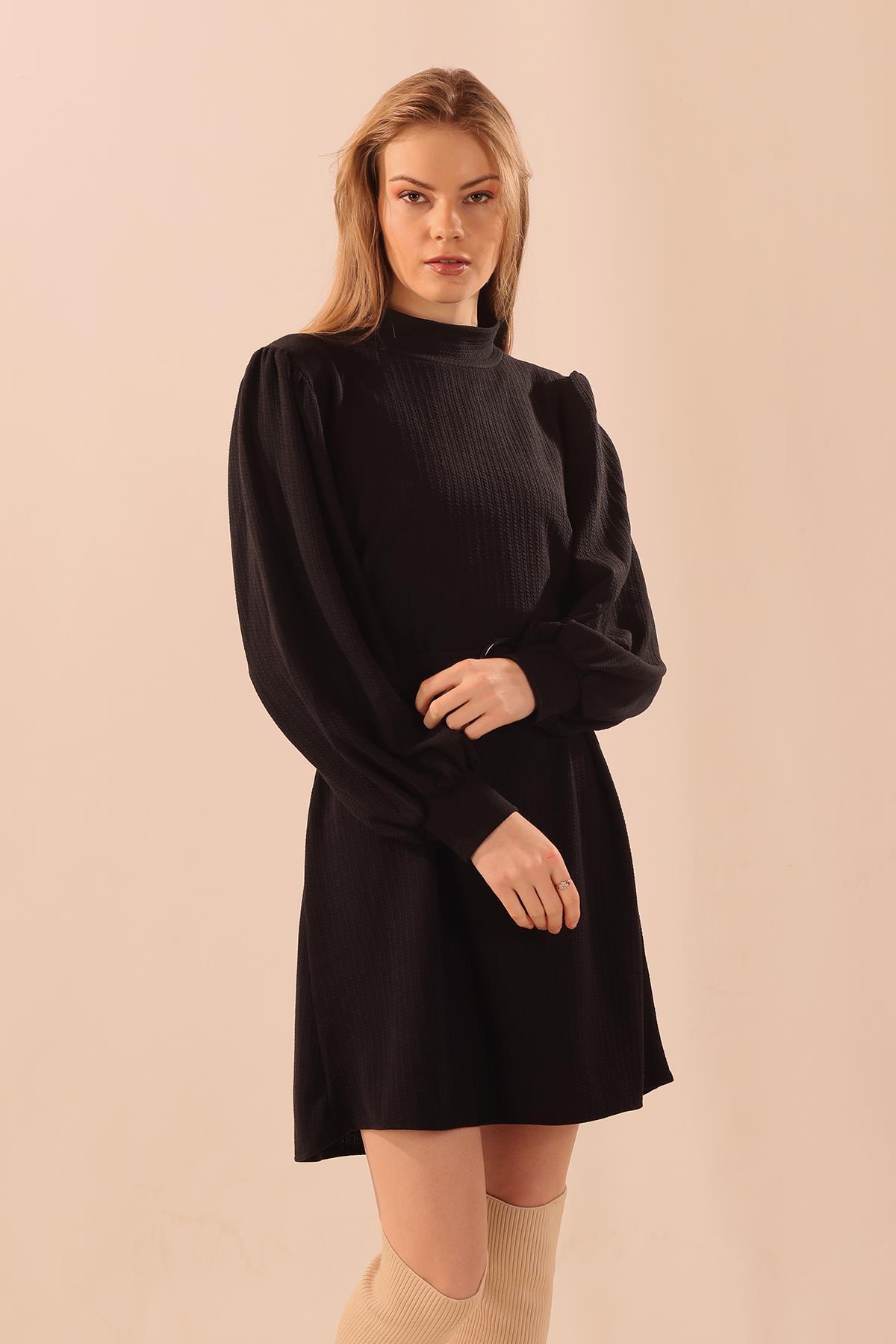 Siyah Kol Büzgü Detay Kemerli Tunik 5468 - 3