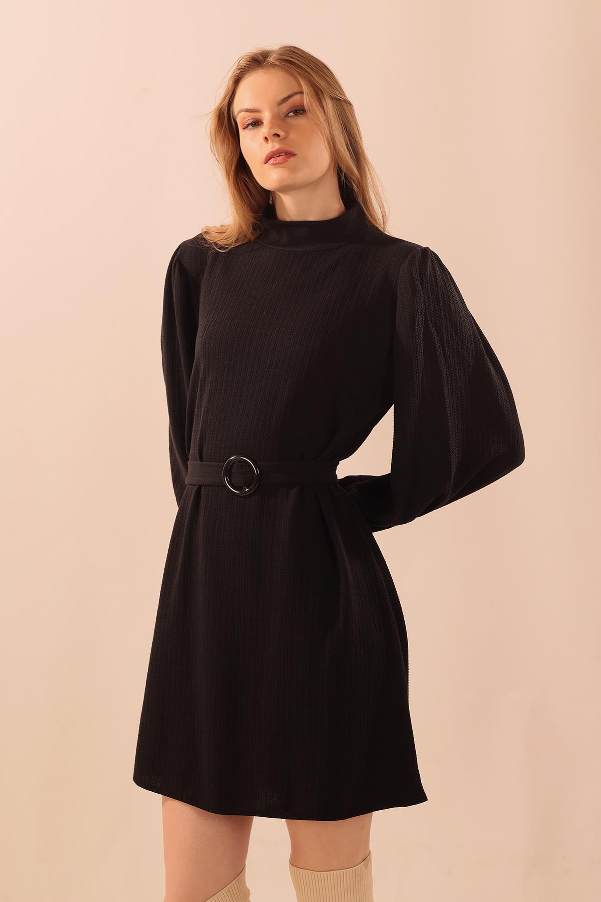 Siyah Kol Büzgü Detay Kemerli Tunik 5468 - 5