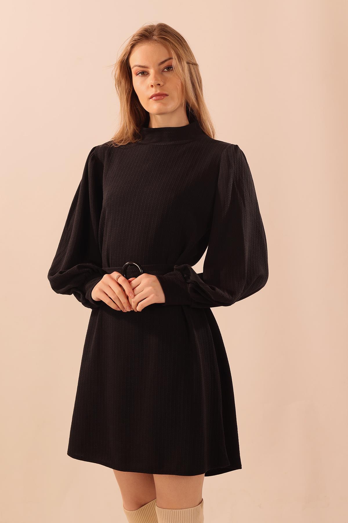 Siyah Kol Büzgü Detay Kemerli Tunik 5468 - 6