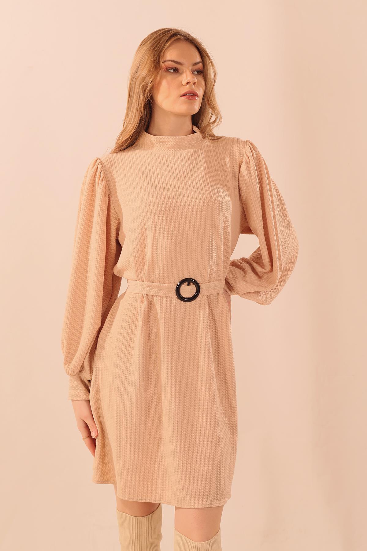 5468 Kol Büzgü Detay Kemerli Tunik Taş - 3