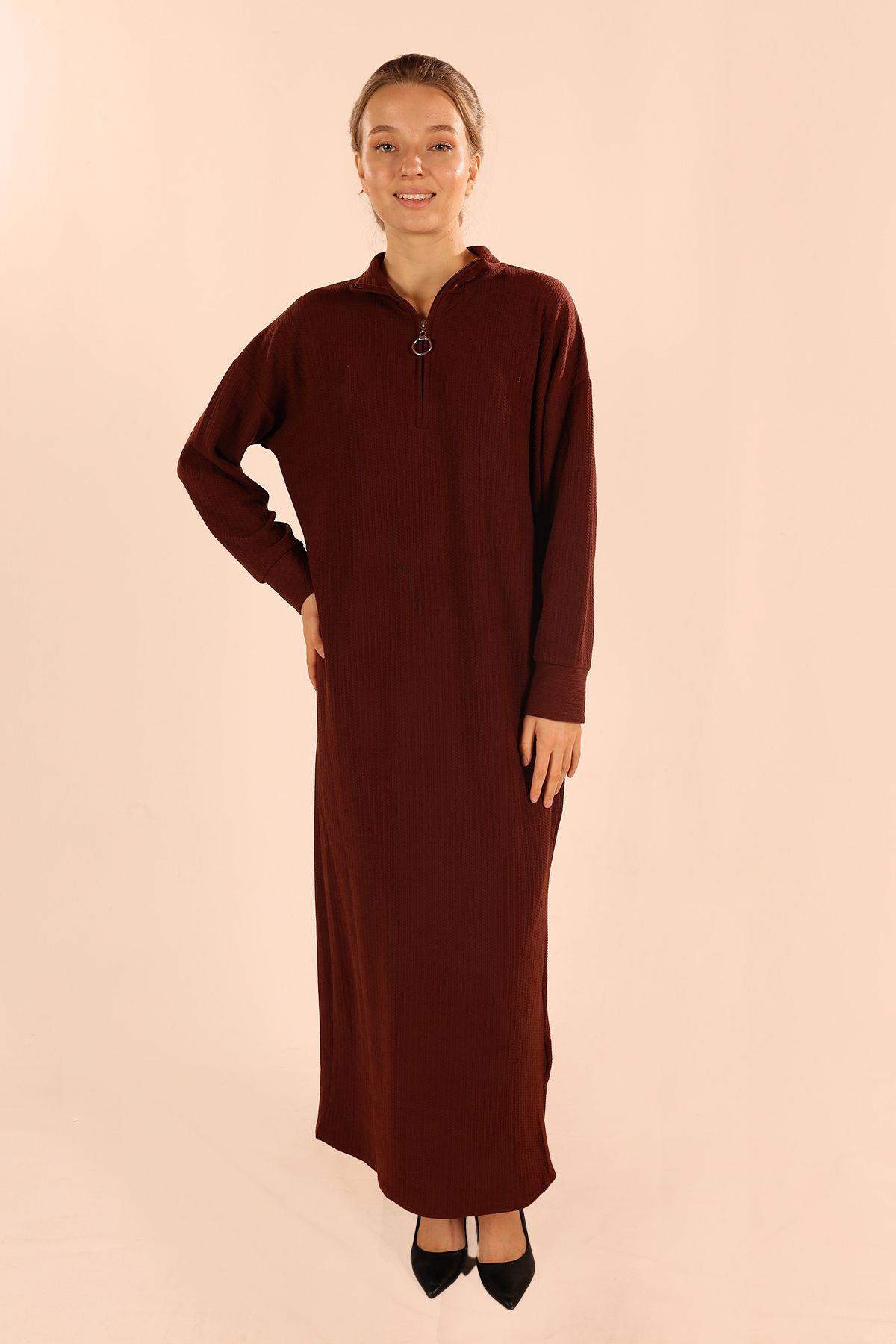 5470 Dik Yaka Fermuarlı Elbise Kahve - 2