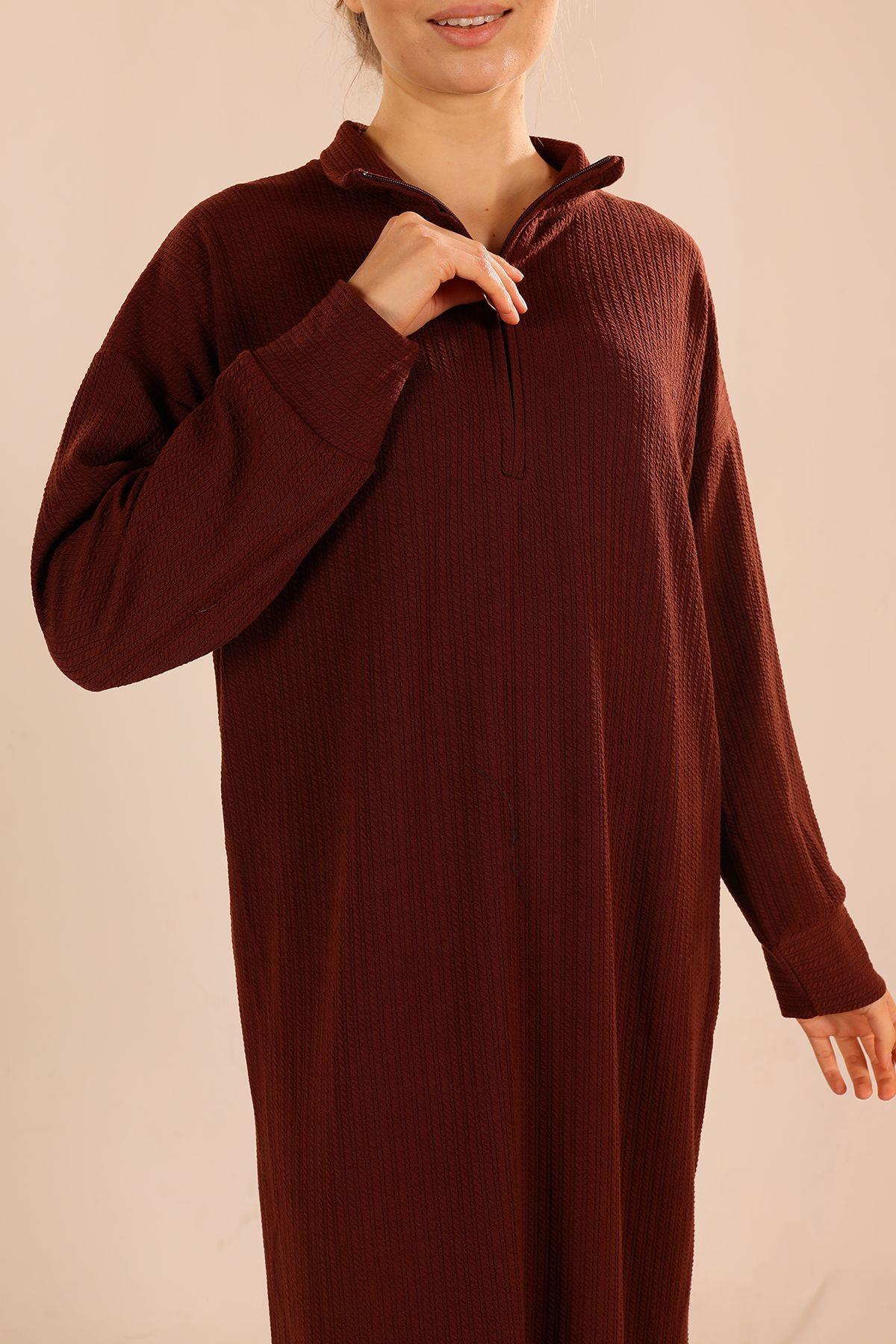 Kahve Dik Yaka Fermuarlı Elbise 5470 - 5