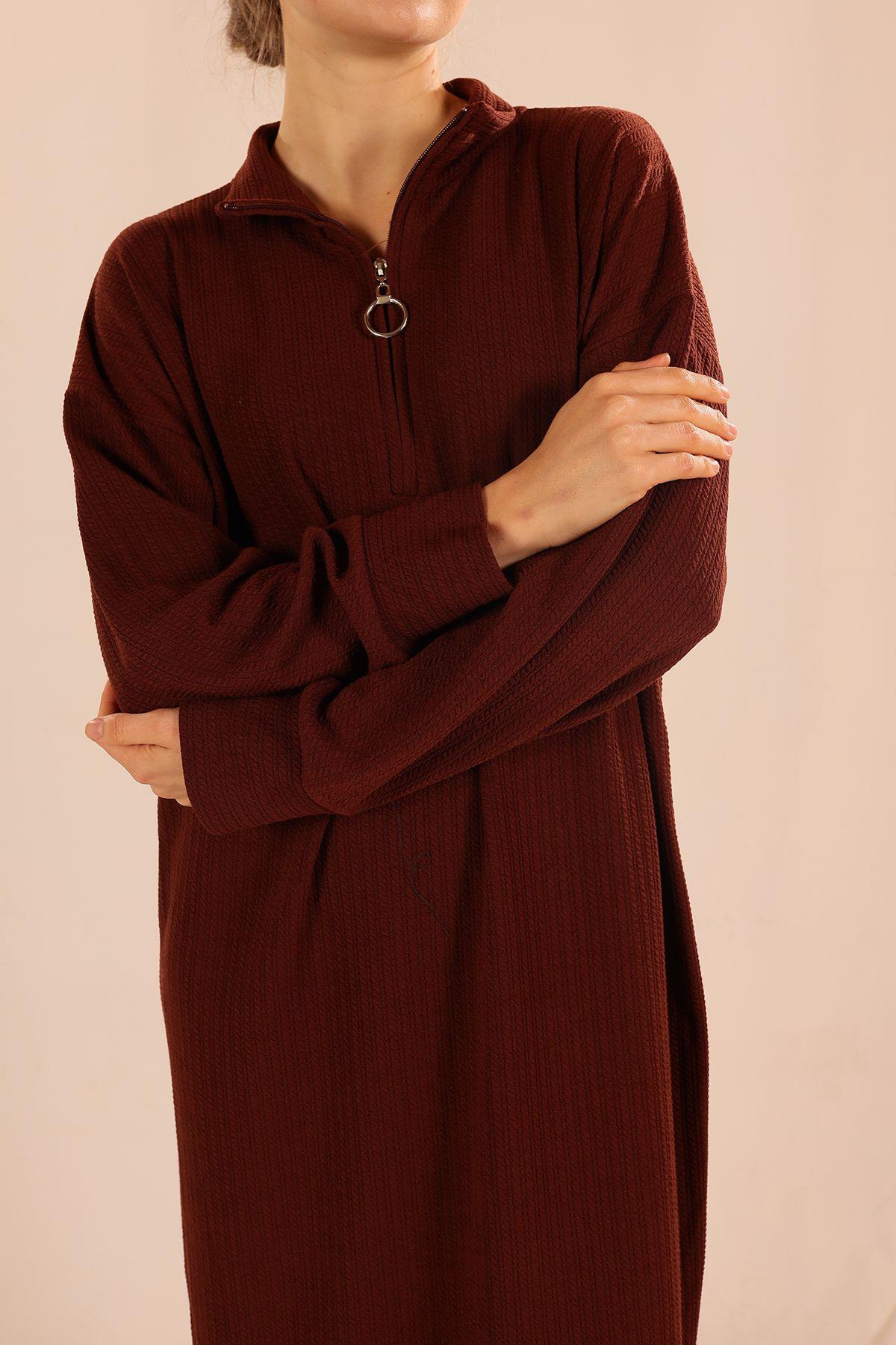 Kahve Dik Yaka Fermuarlı Elbise 5470 - 6
