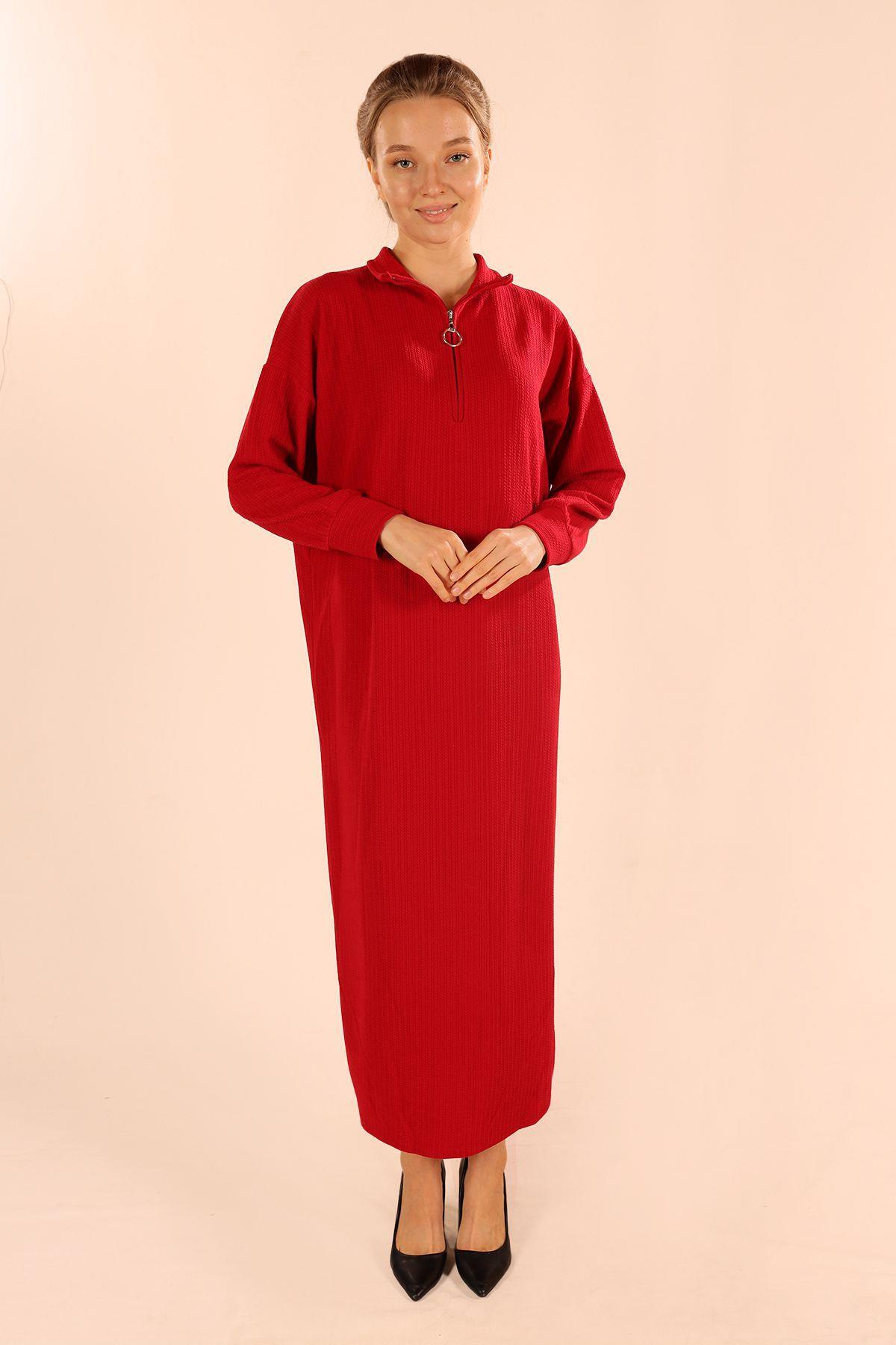 5470 Dik Yaka Fermuarlı Elbise Kırmızı - 1