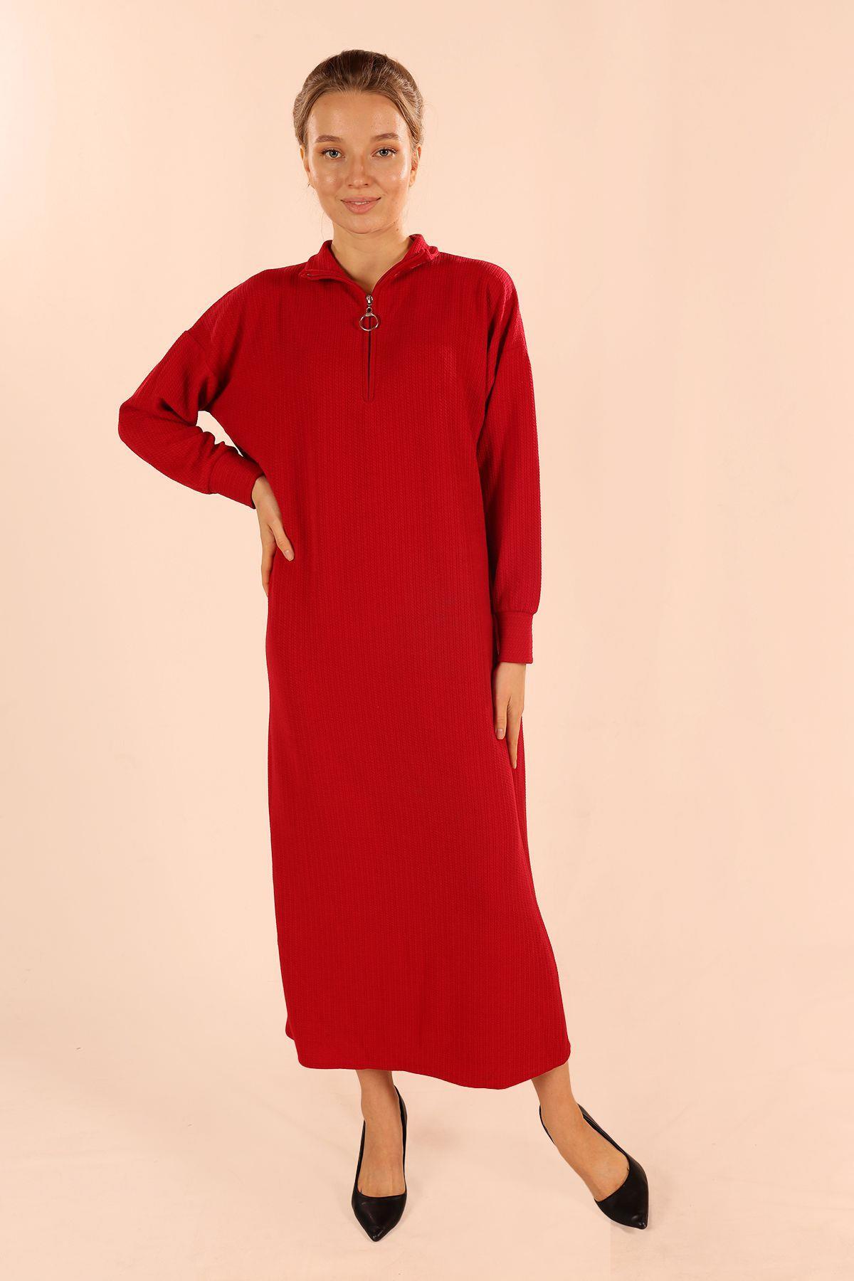 5470 Dik Yaka Fermuarlı Elbise Kırmızı - 2