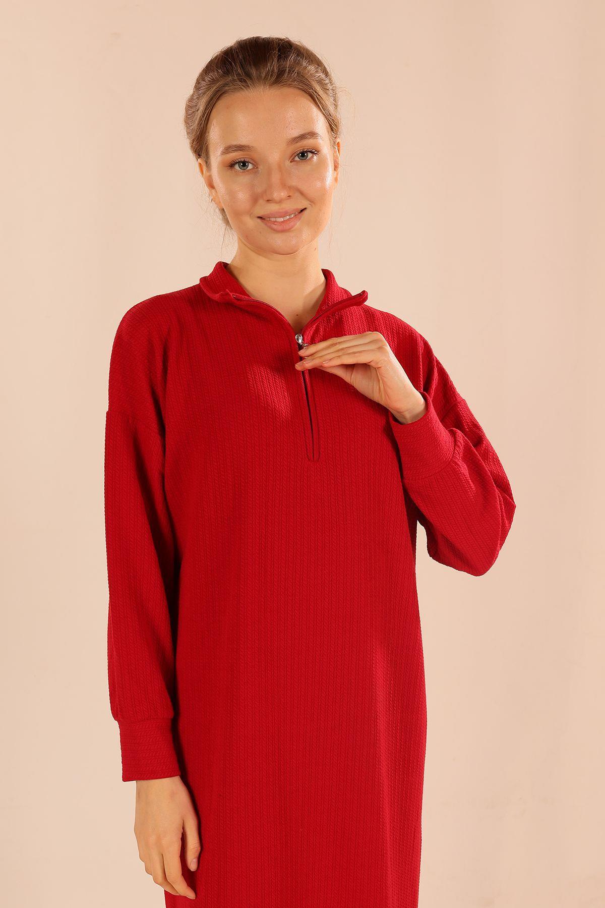 5470 Dik Yaka Fermuarlı Elbise Kırmızı - 5