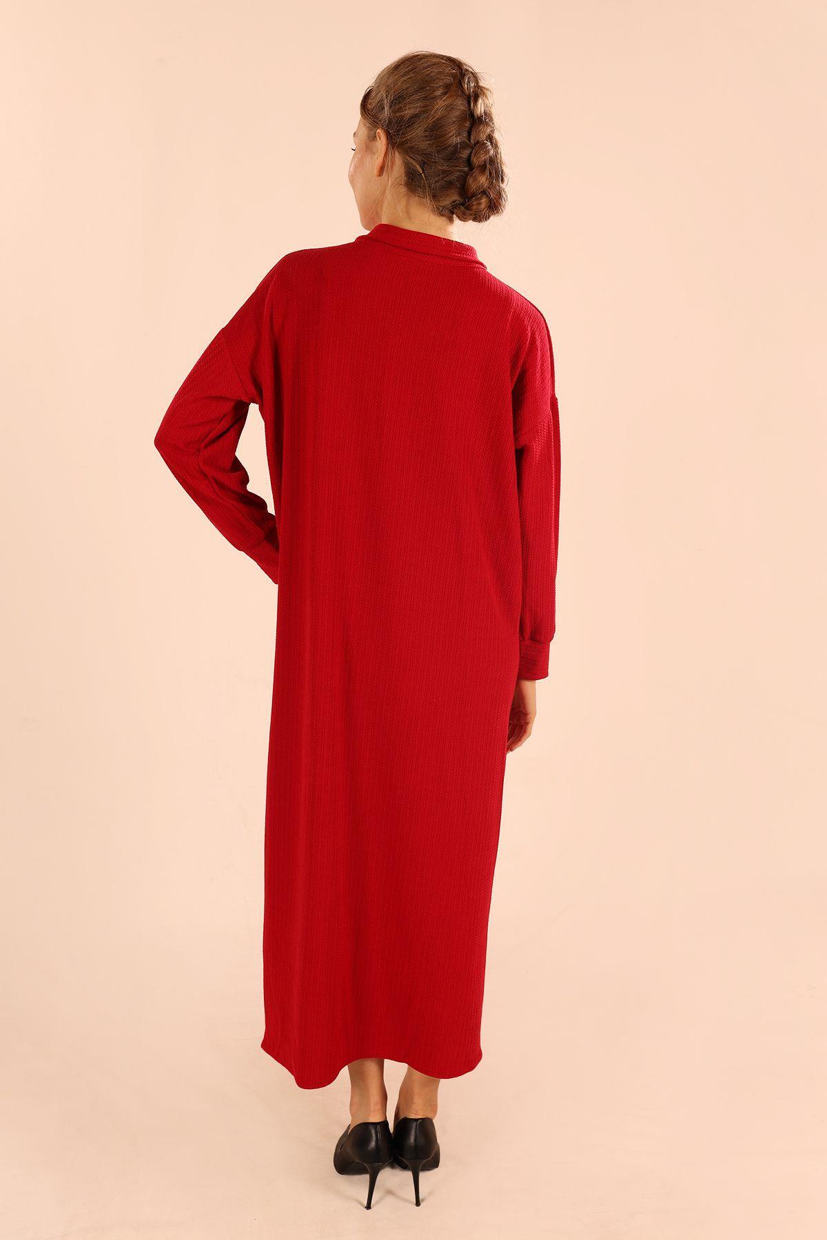 5470 Dik Yaka Fermuarlı Elbise Kırmızı - 7