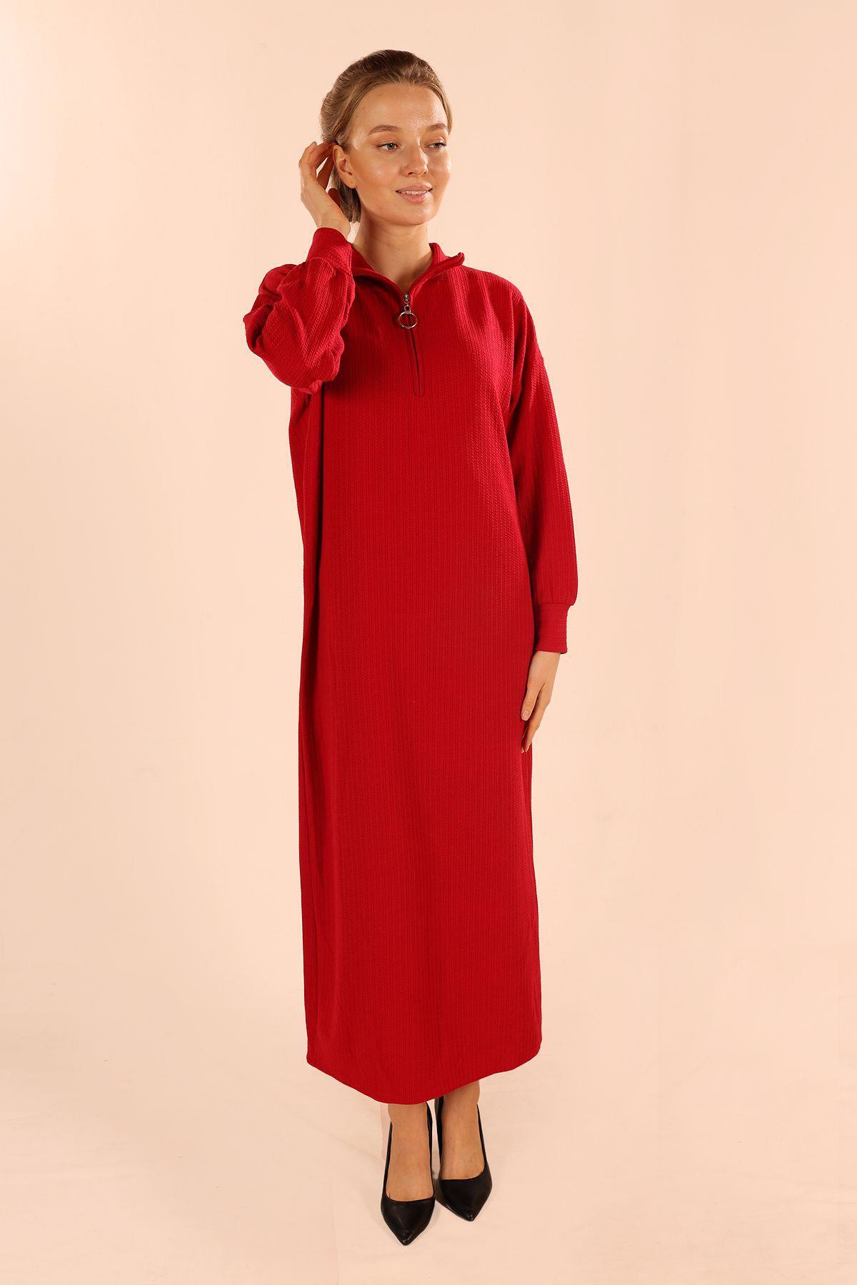 5470 Dik Yaka Fermuarlı Elbise Kırmızı - 3