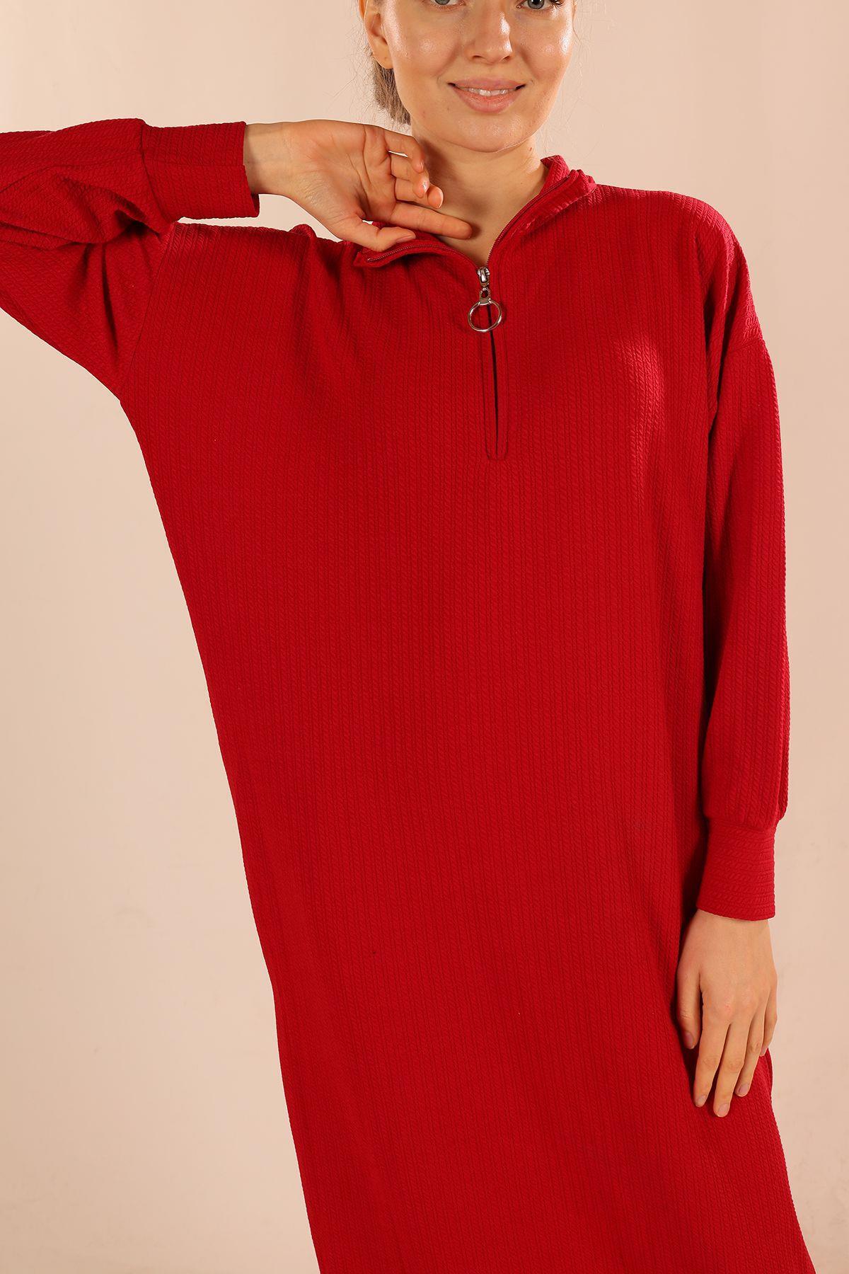 Kırmızı Dik Yaka Fermuarlı Elbise 5470 - 4