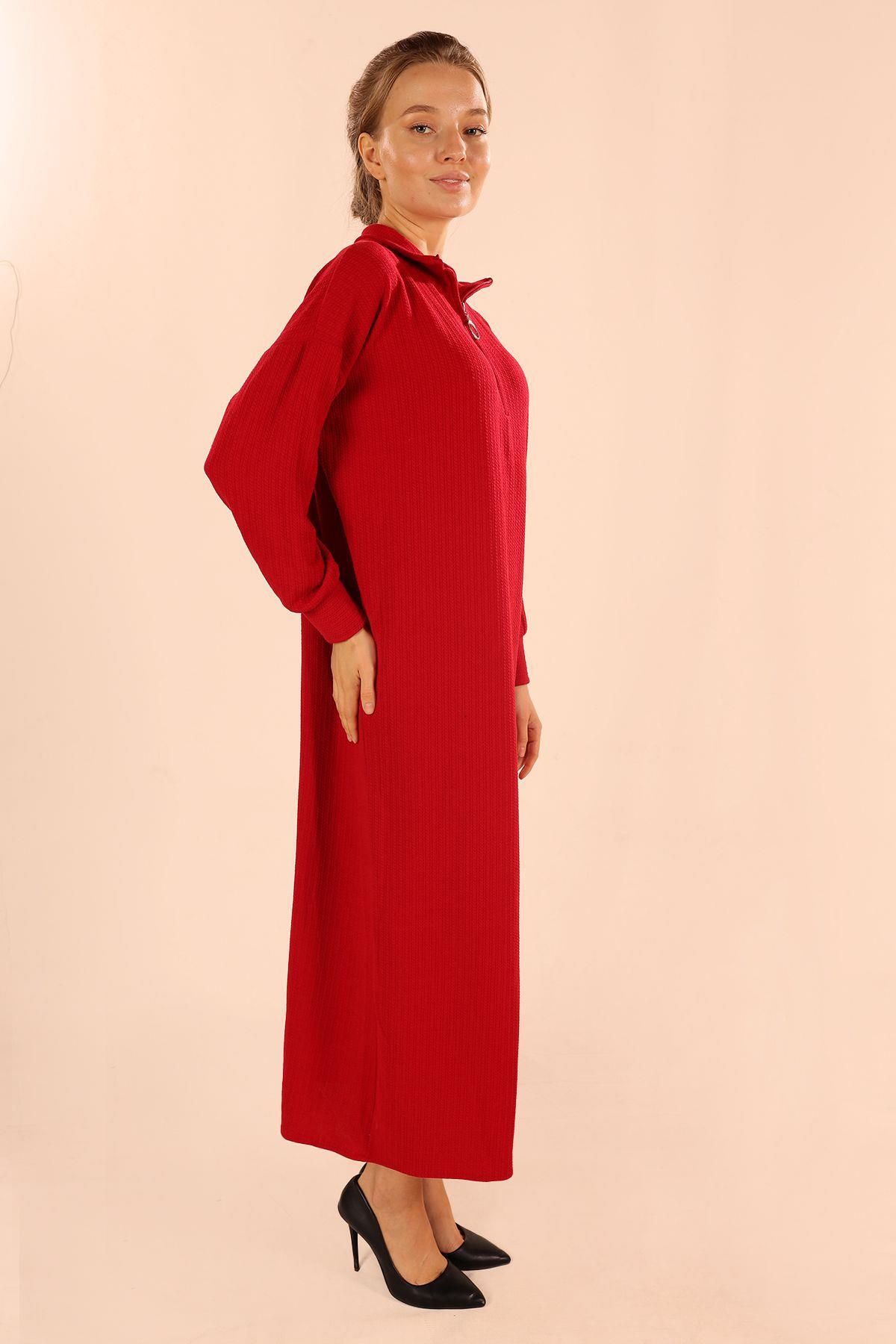 Kırmızı Dik Yaka Fermuarlı Elbise 5470 - 6