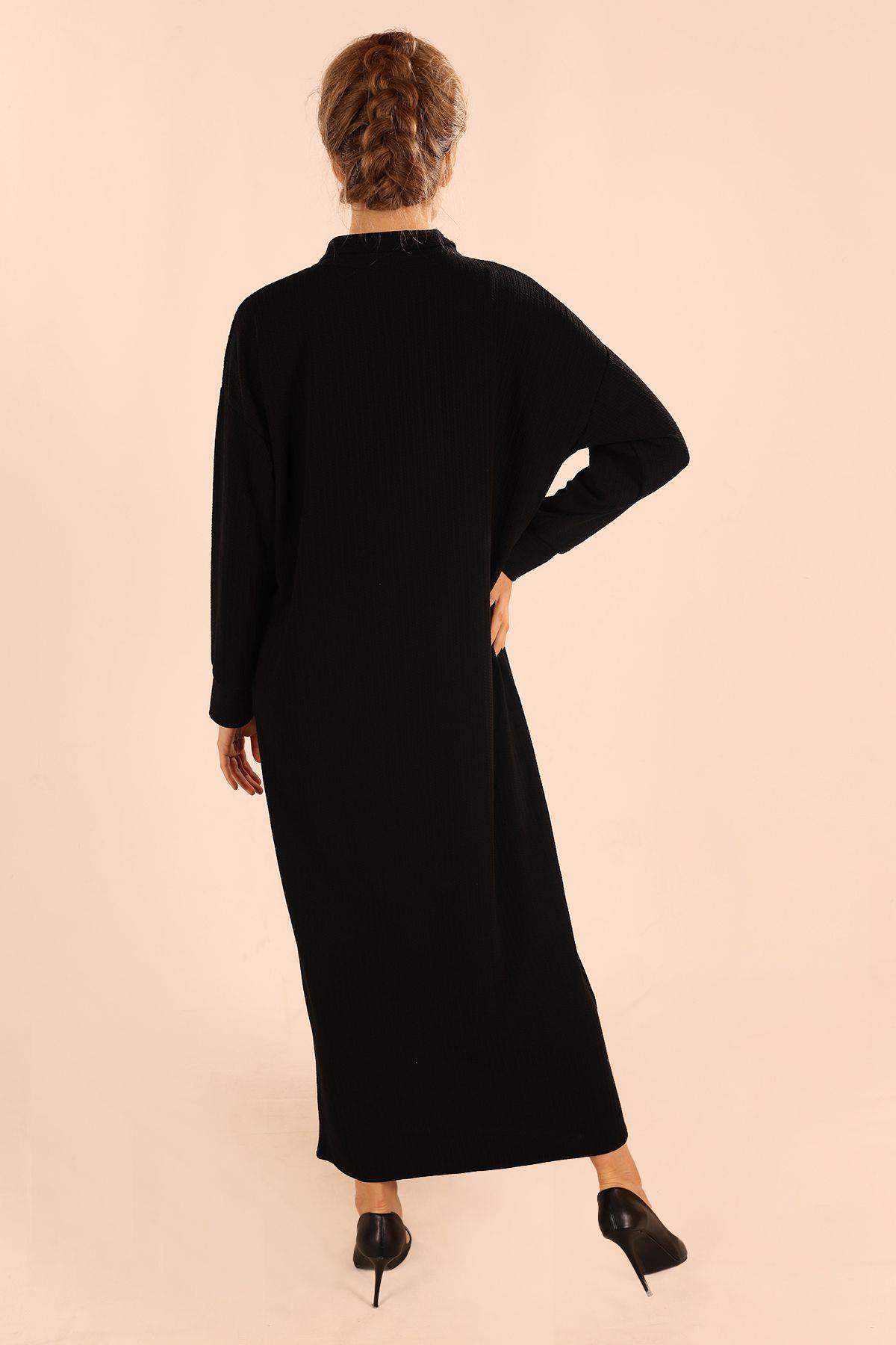 5470 Dik Yaka Fermuarlı Elbise Siyah - 5