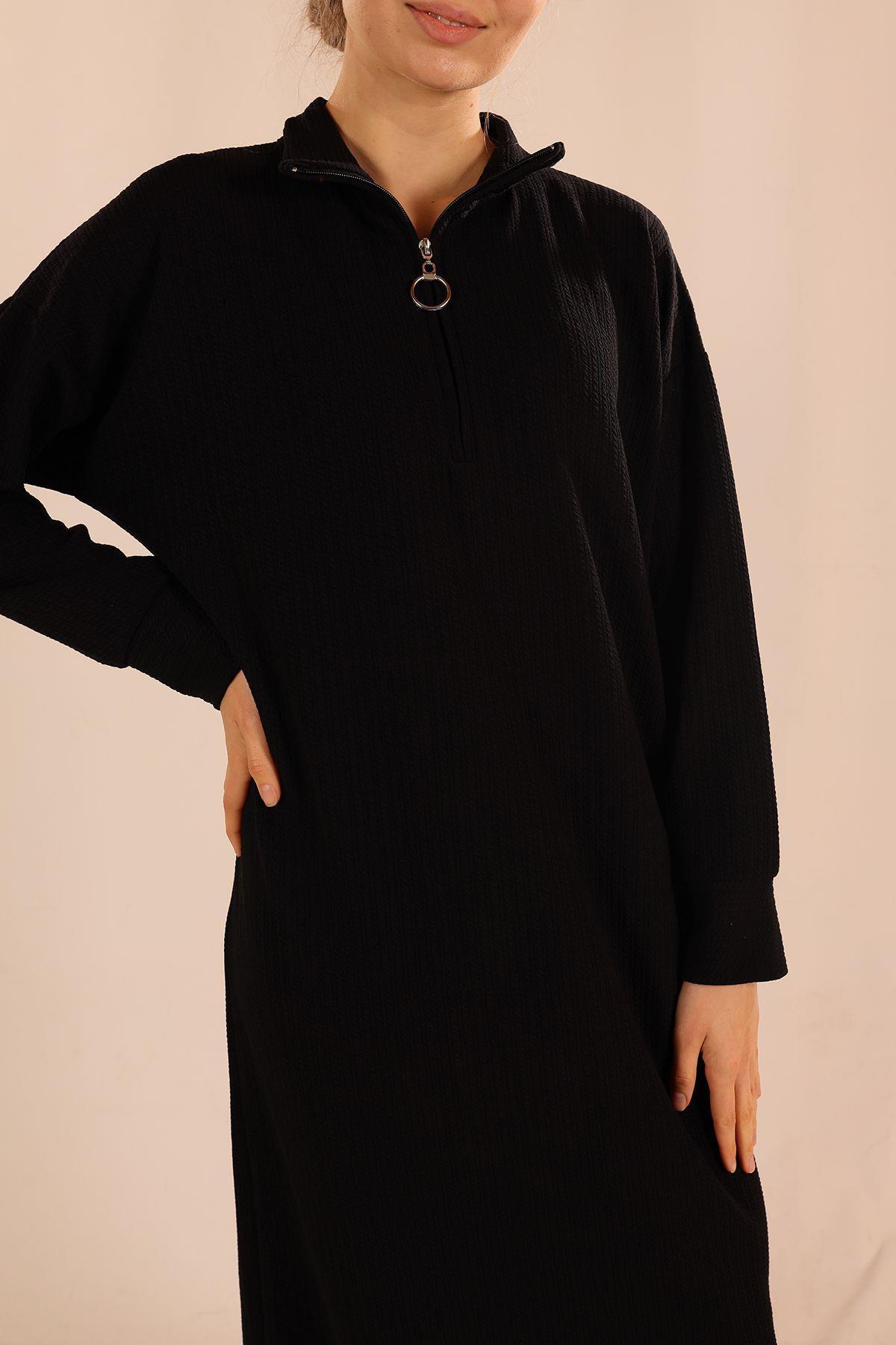 5470 Dik Yaka Fermuarlı Elbise Siyah - 3