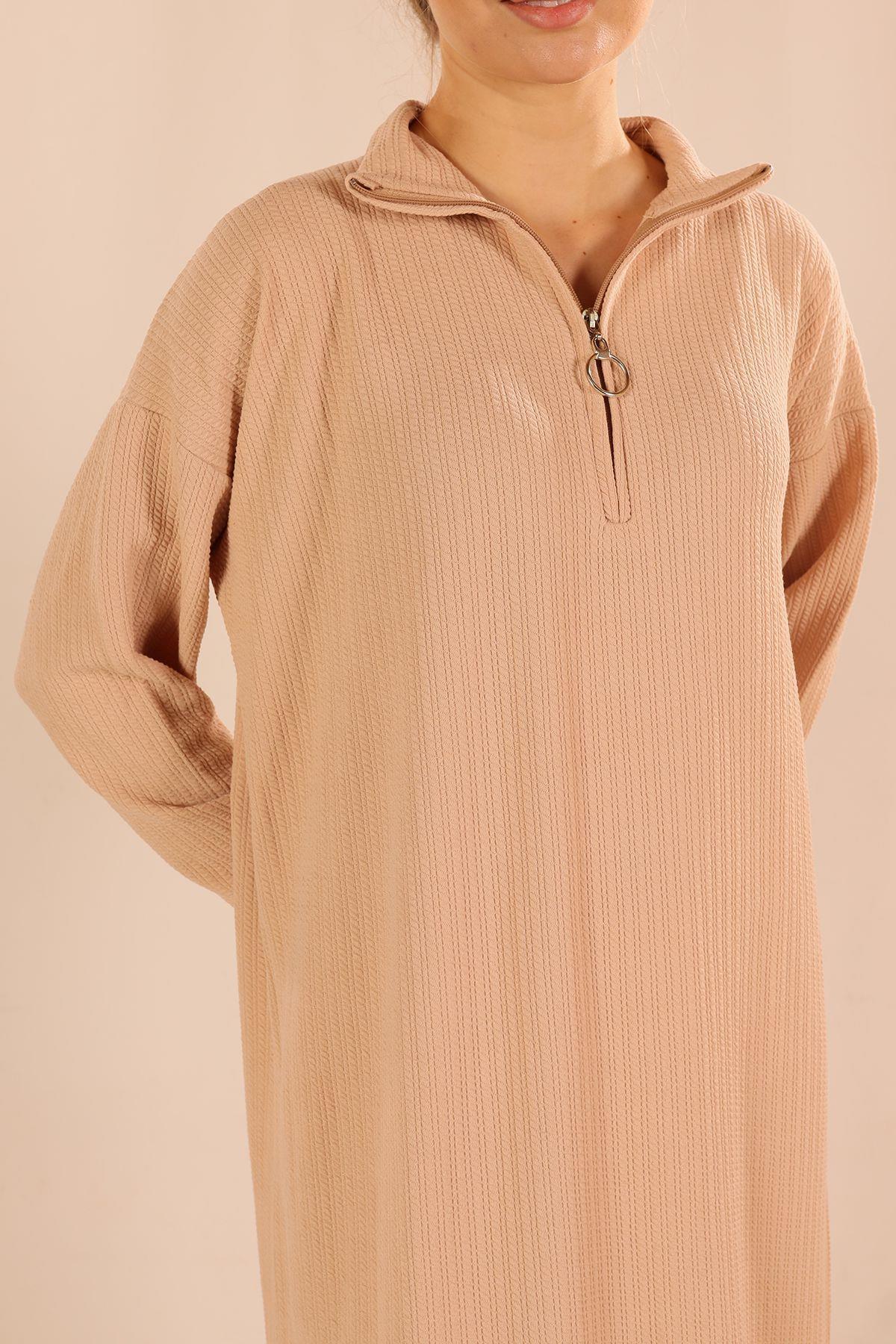 5470 Dik Yaka Fermuarlı Elbise Taş - 4