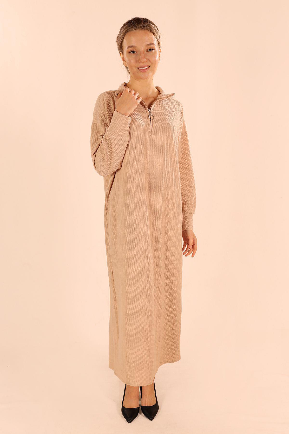 5470 Dik Yaka Fermuarlı Elbise Taş - 2