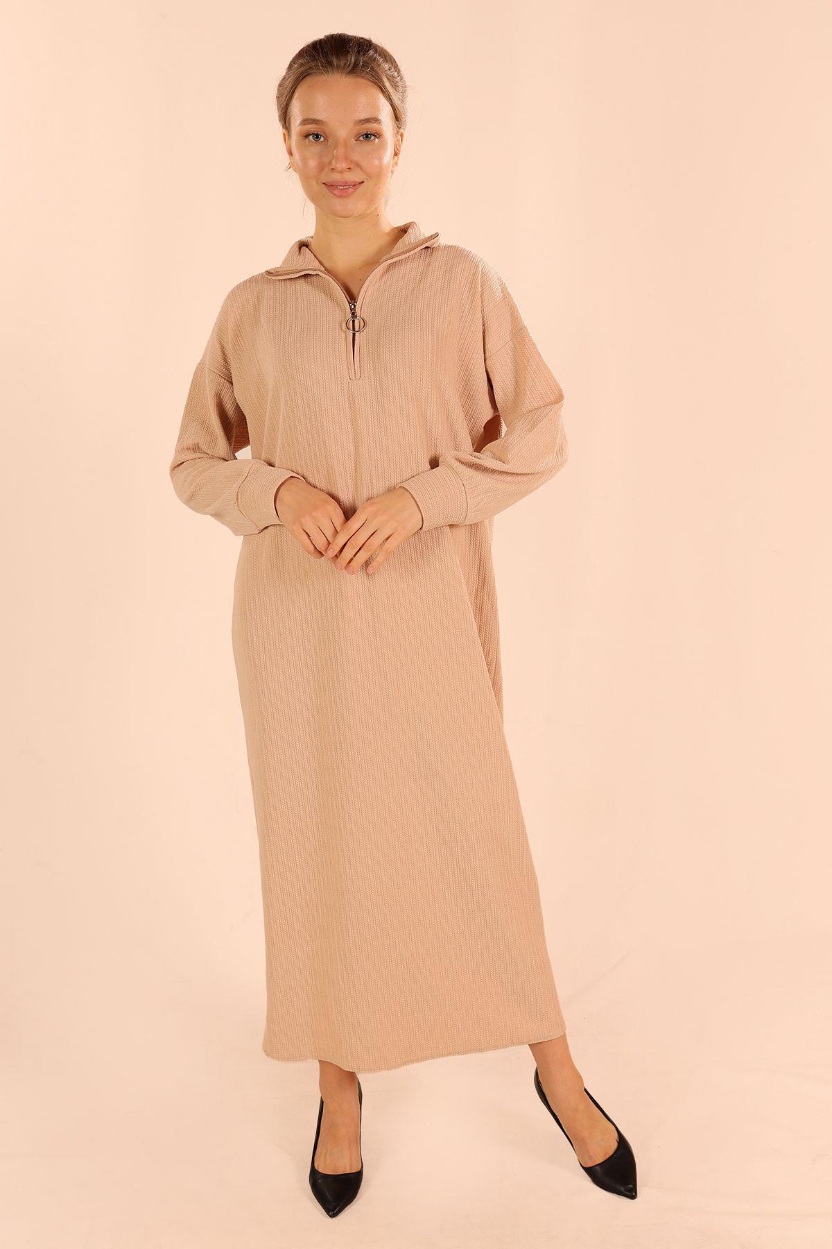 Taş Dik Yaka Fermuarlı Elbise 5470 - 1