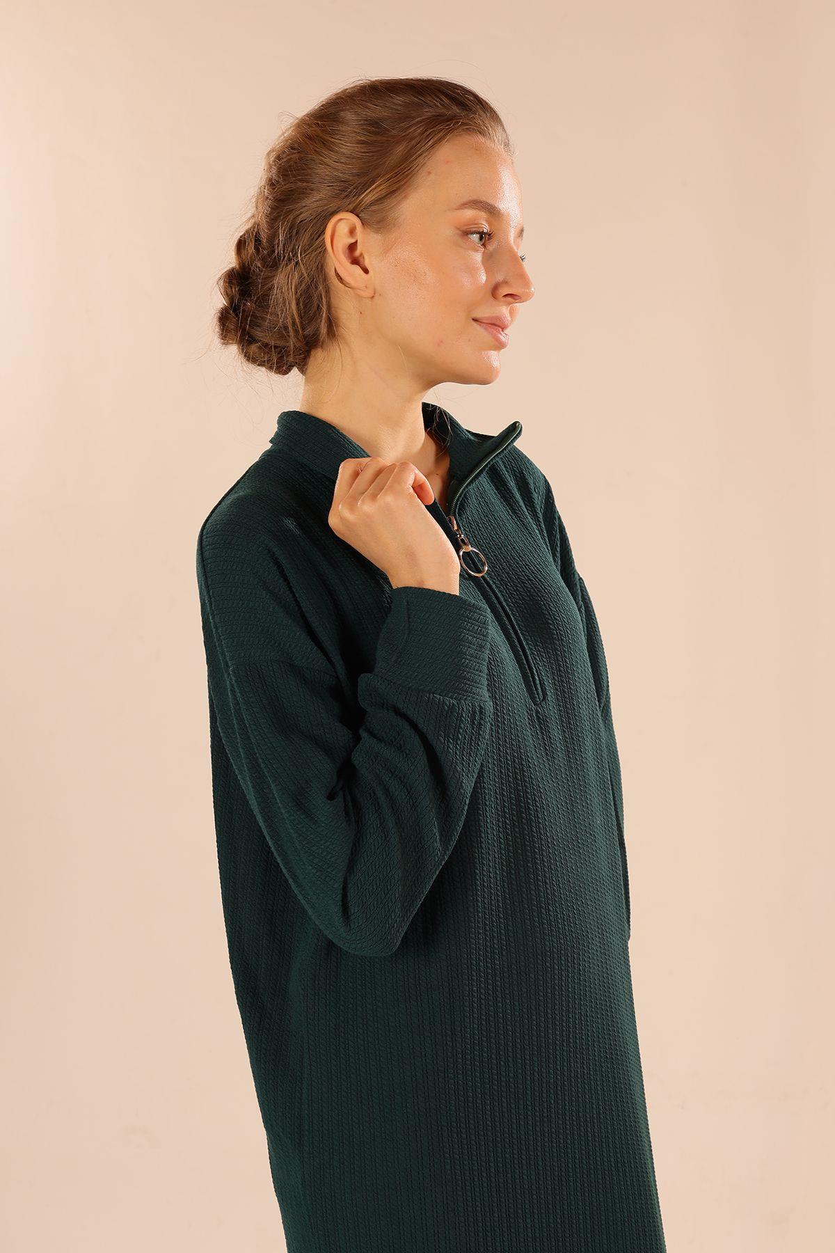 5470 Dik Yaka Fermuarlı Elbise Zümrüt - 5