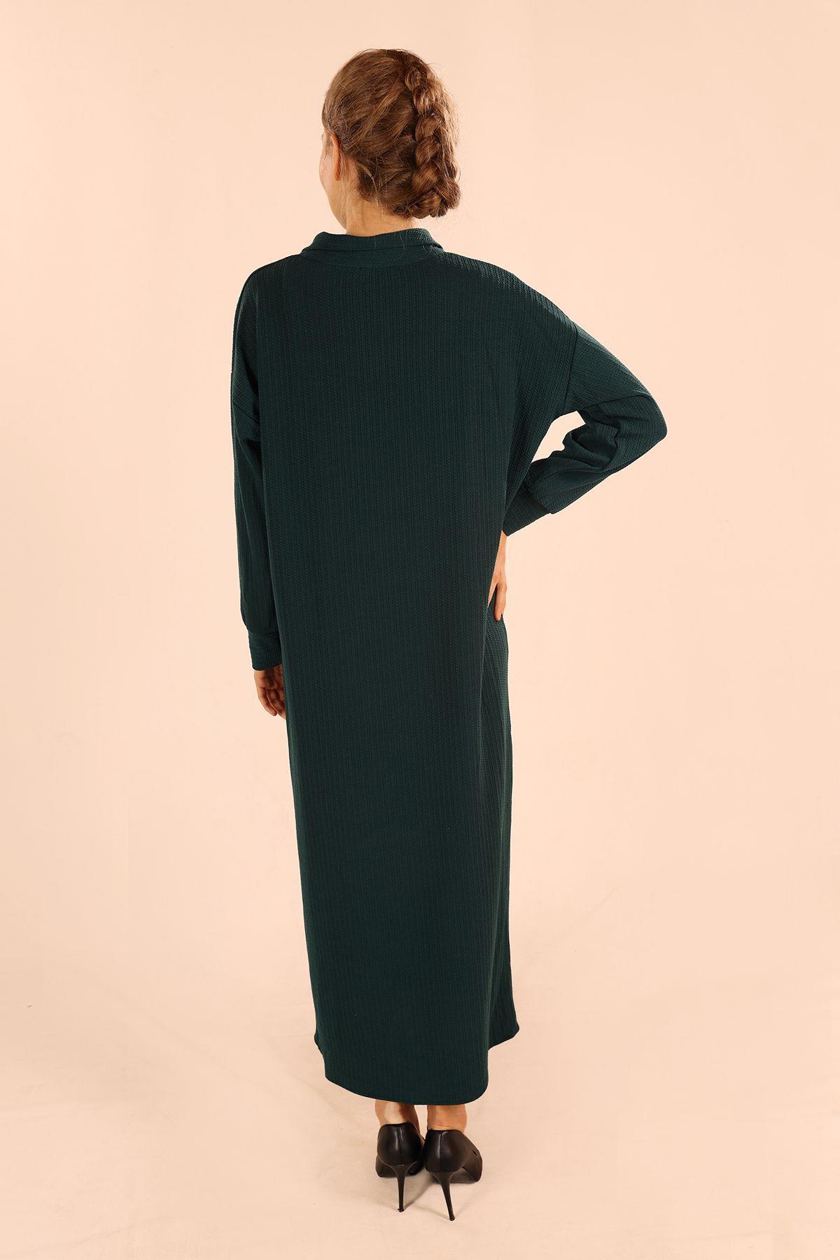 5470 Dik Yaka Fermuarlı Elbise Zümrüt - 7