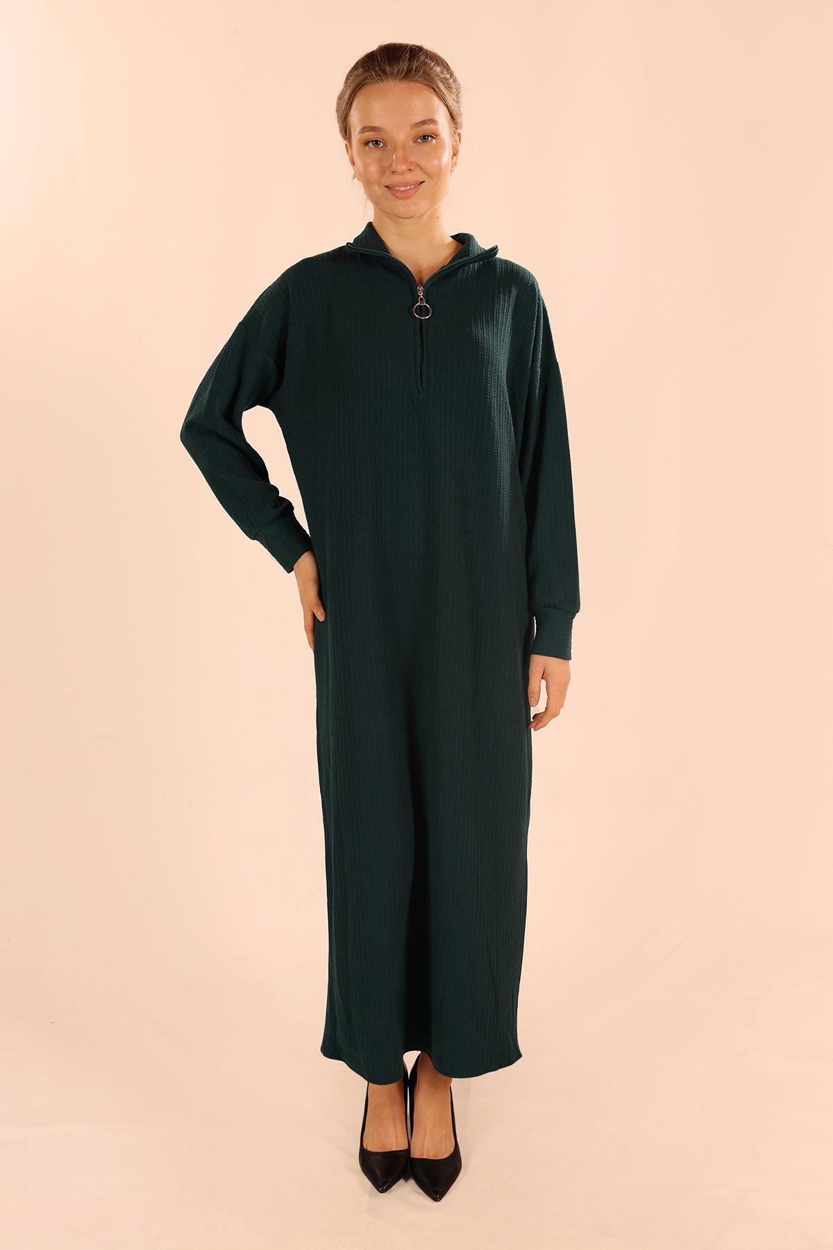 Zümrüt Dik Yaka Fermuarlı Elbise 5470 - 1