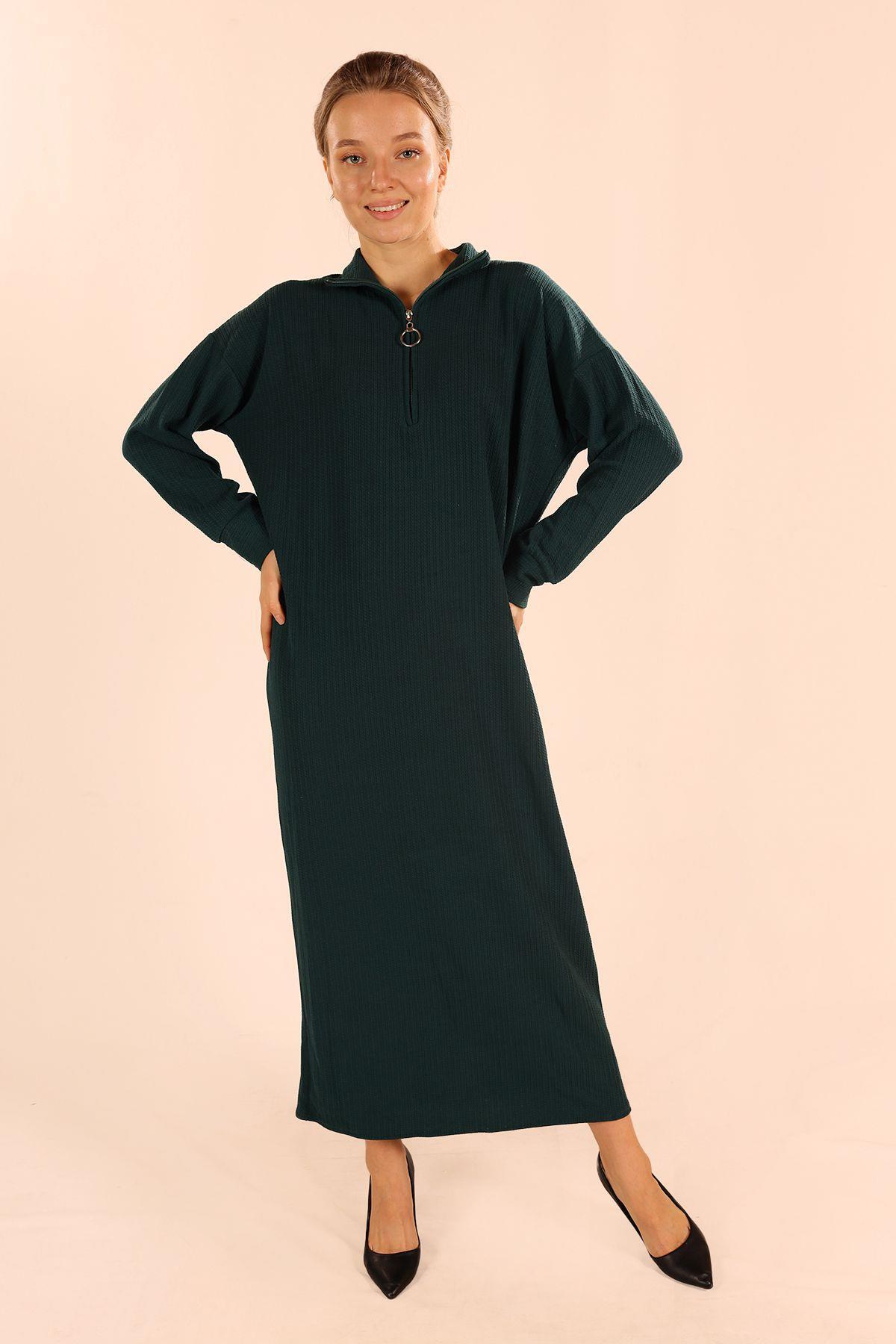 Zümrüt Dik Yaka Fermuarlı Elbise 5470 - 2