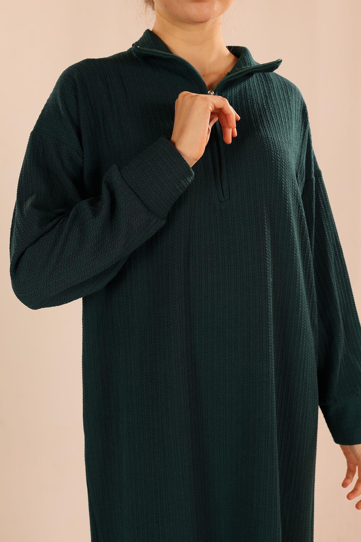 Zümrüt Dik Yaka Fermuarlı Elbise 5470 - 4