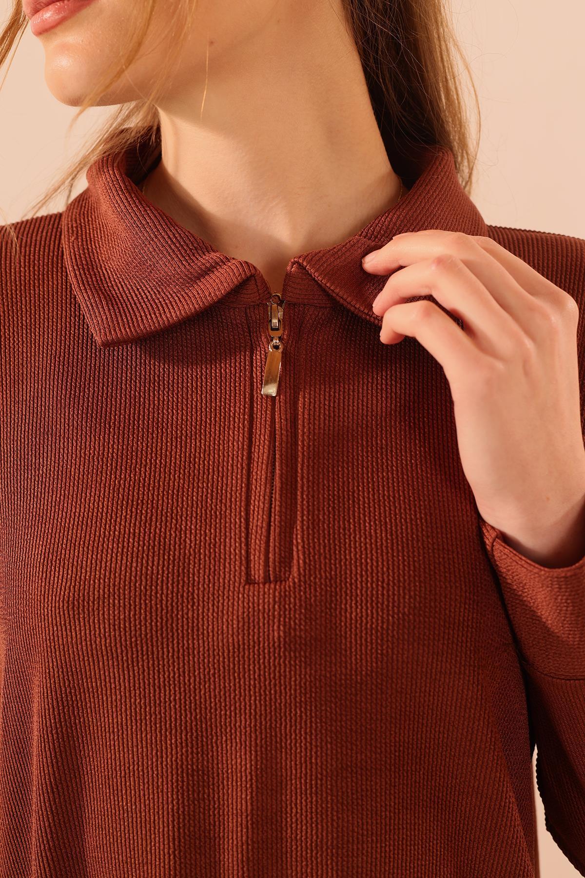 Kahve Fermuarlı Tunik Pantolon Takım 5471 - 4