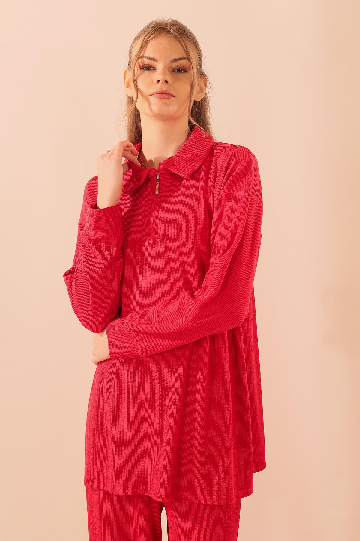 Kırmızı Fermuarlı Tunik Pantolon Takım 5471 - 4