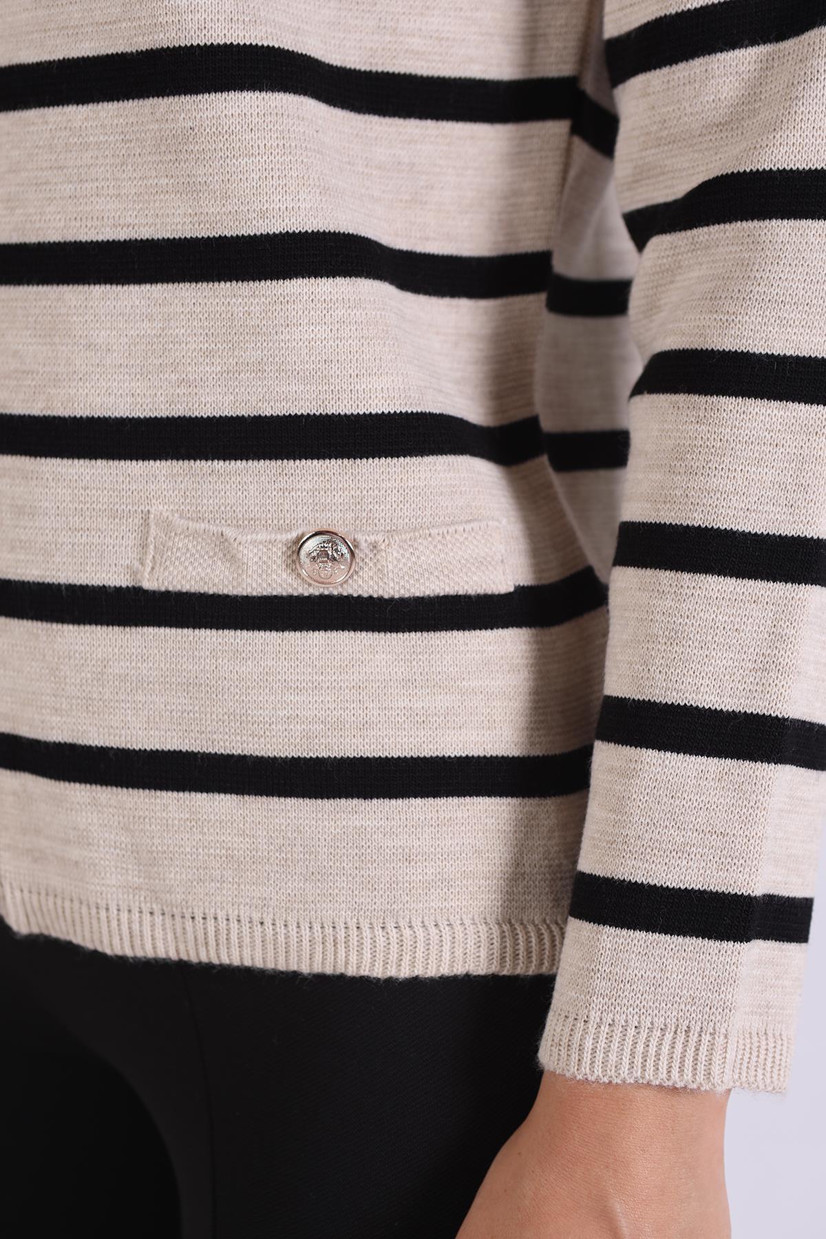 Bej Çizgili Kısa Düğme Detay Hırka 557 - 6