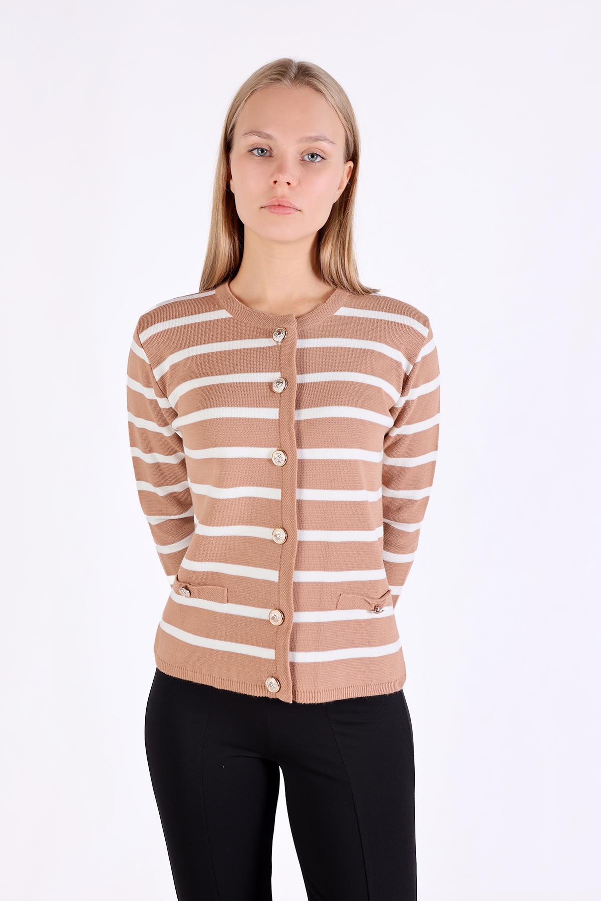 Camel Çizgili Kısa Düğme Detay Hırka 557 - 3