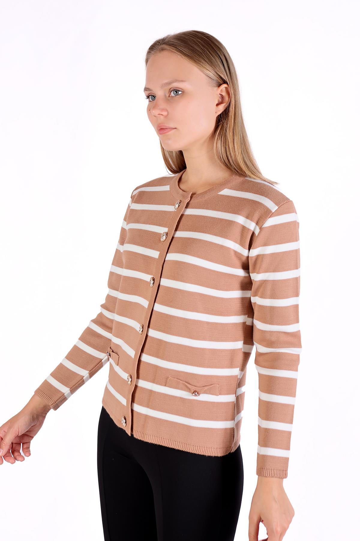 Camel Çizgili Kısa Düğme Detay Hırka 557 - 7
