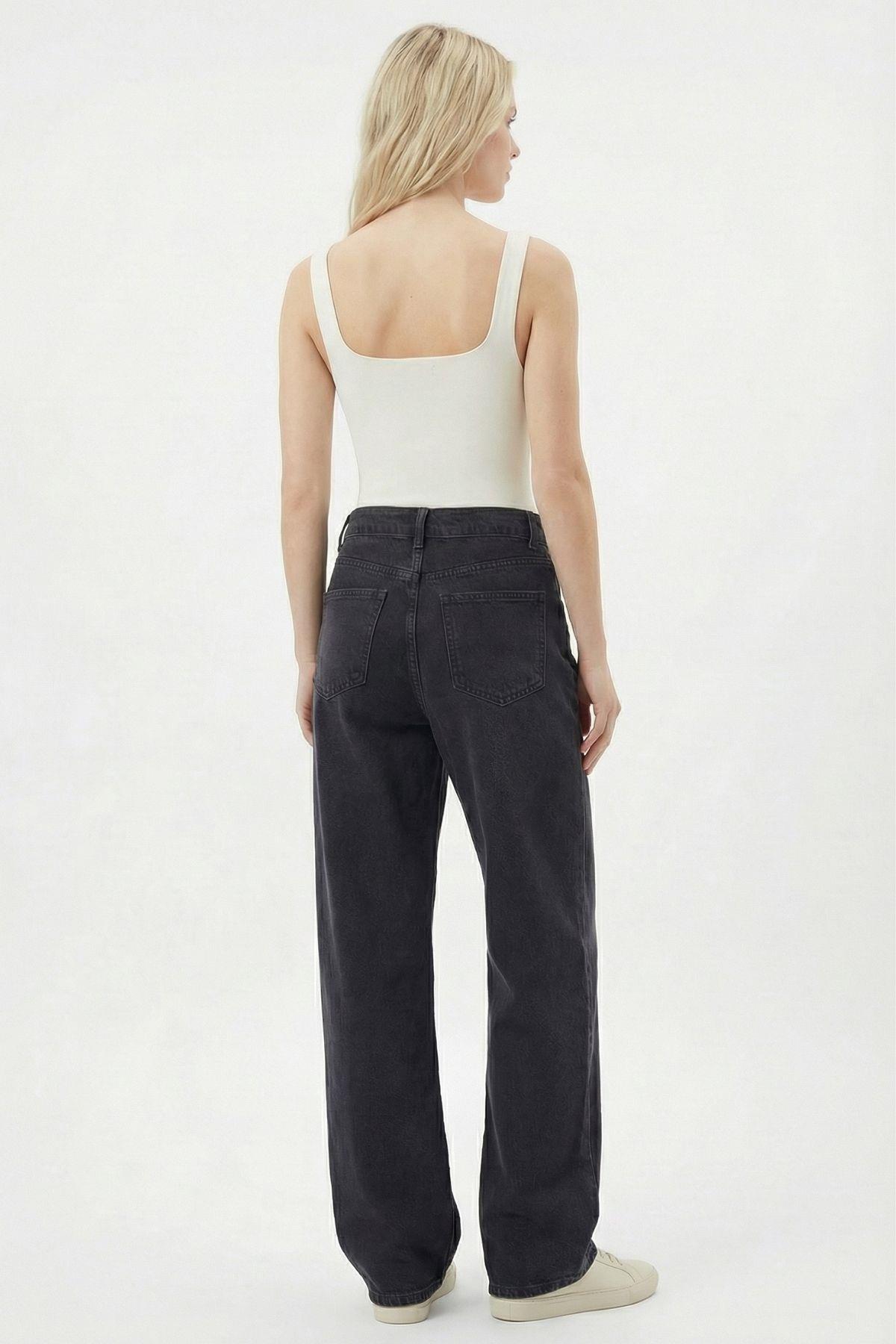 568 Geniş Paça Bel Detay Jean Füme - 4