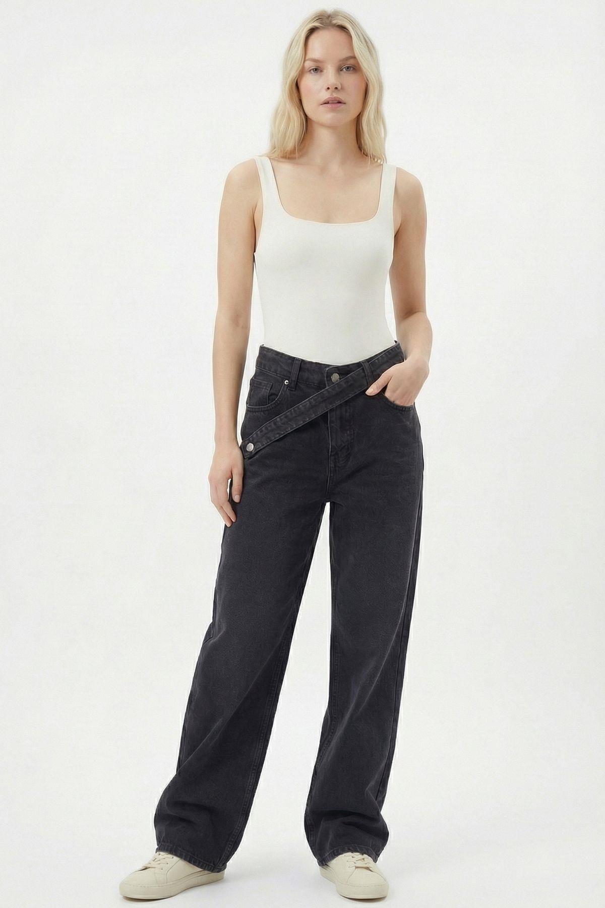 Füme Geniş Paça Bel Detay Jean 568 