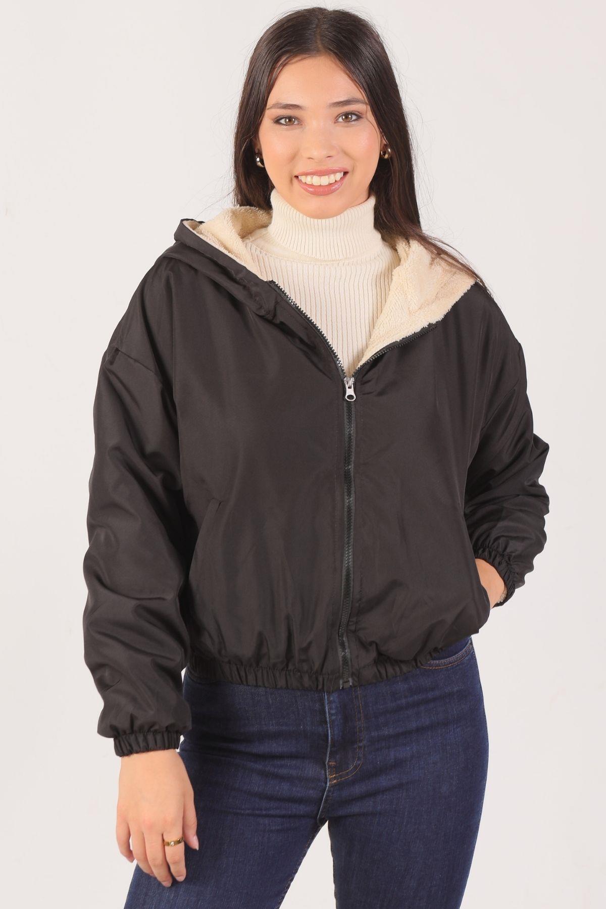 591 İçi Kürklü Kapüşonlu Kısa Ceket Siyah 