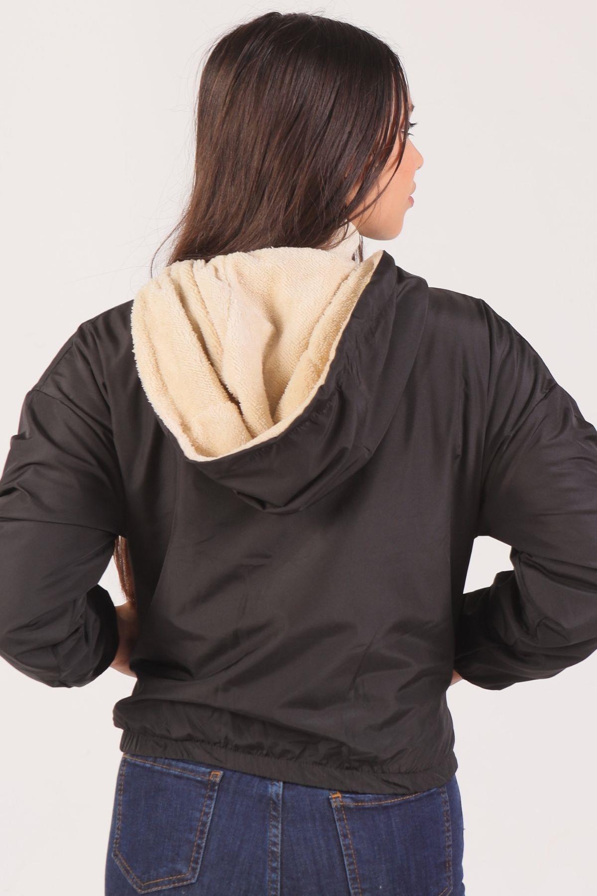 591 İçi Kürklü Kapüşonlu Kısa Ceket Siyah - 2