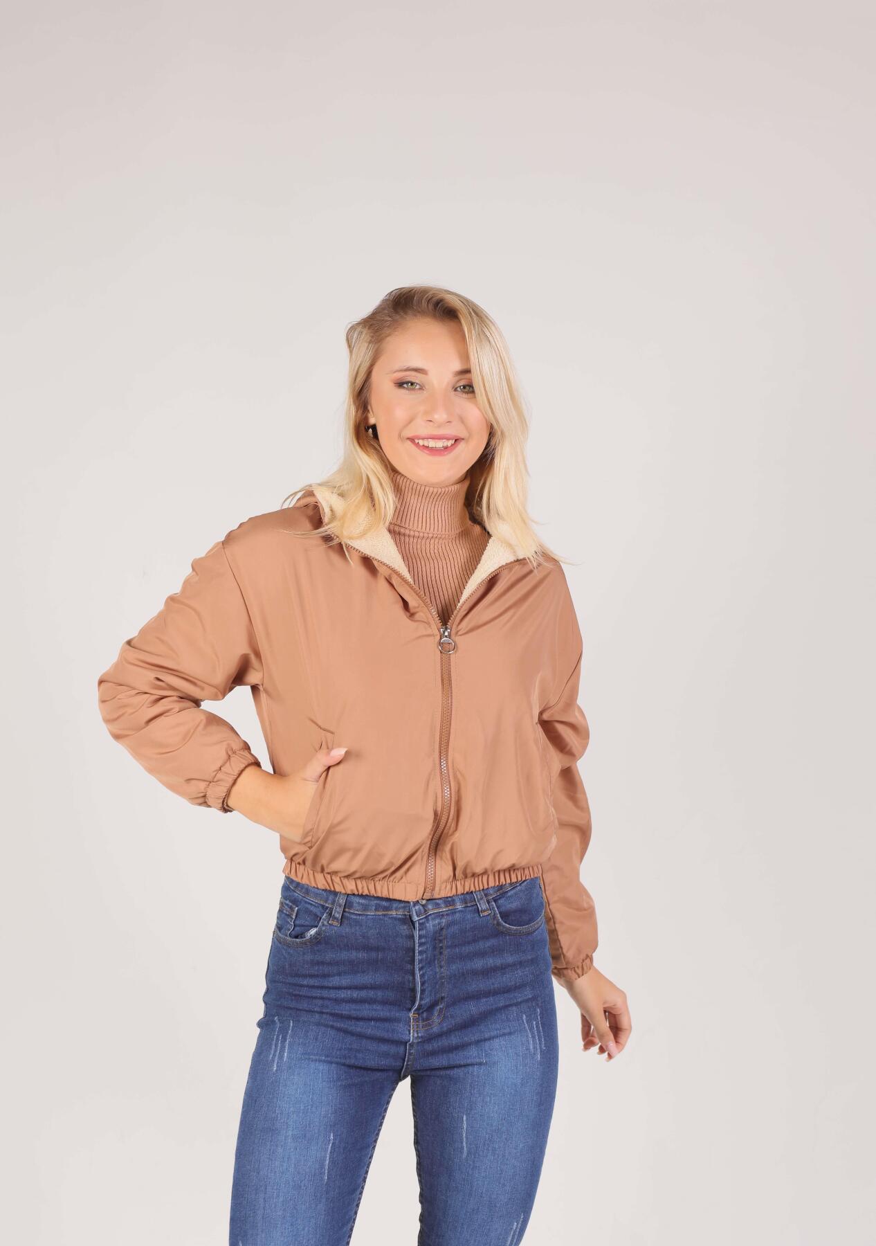 591 İçi Kürklü Kapüşonlu Kısa Ceket Taba - 2