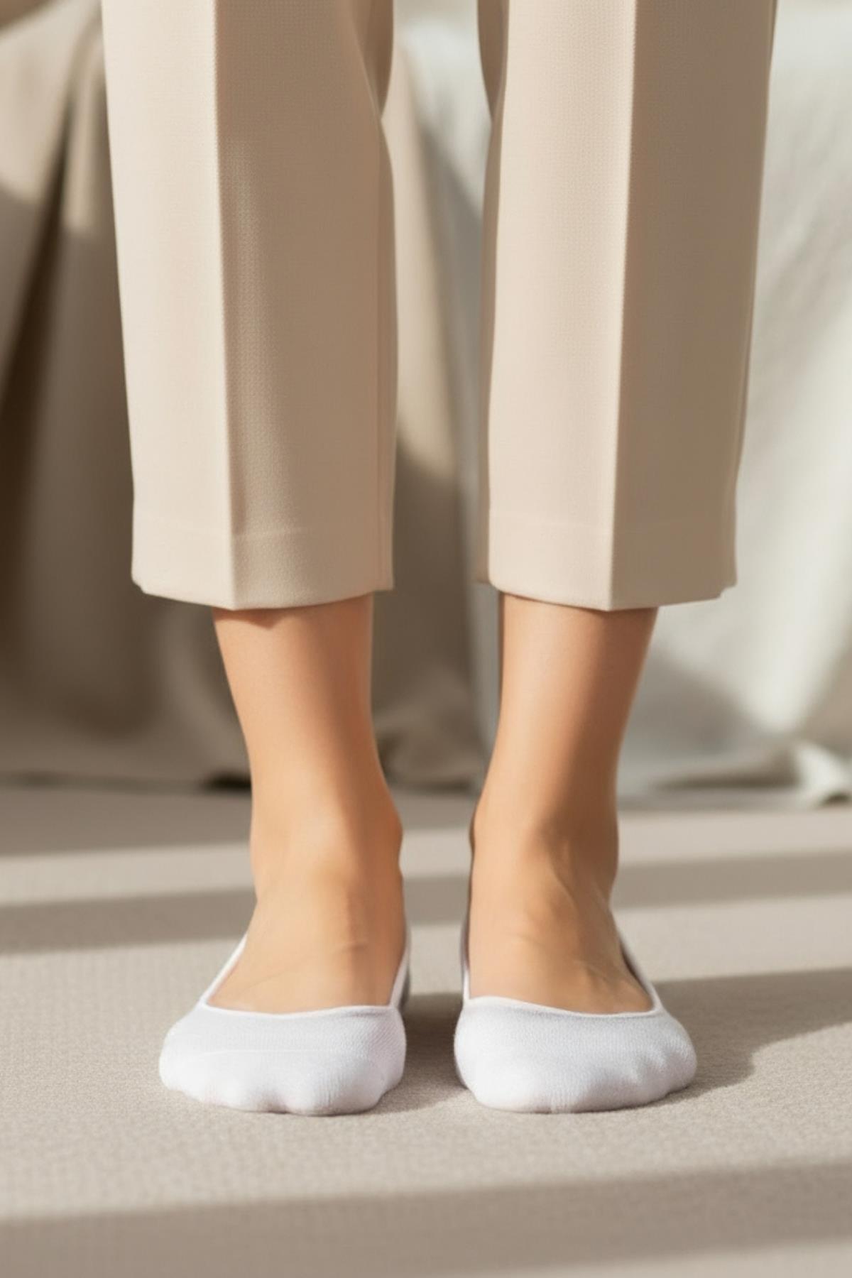 6 Çift Kadın Beyaz Esnek Pamuklu Örme Babet Çorap 1020 - RAYS